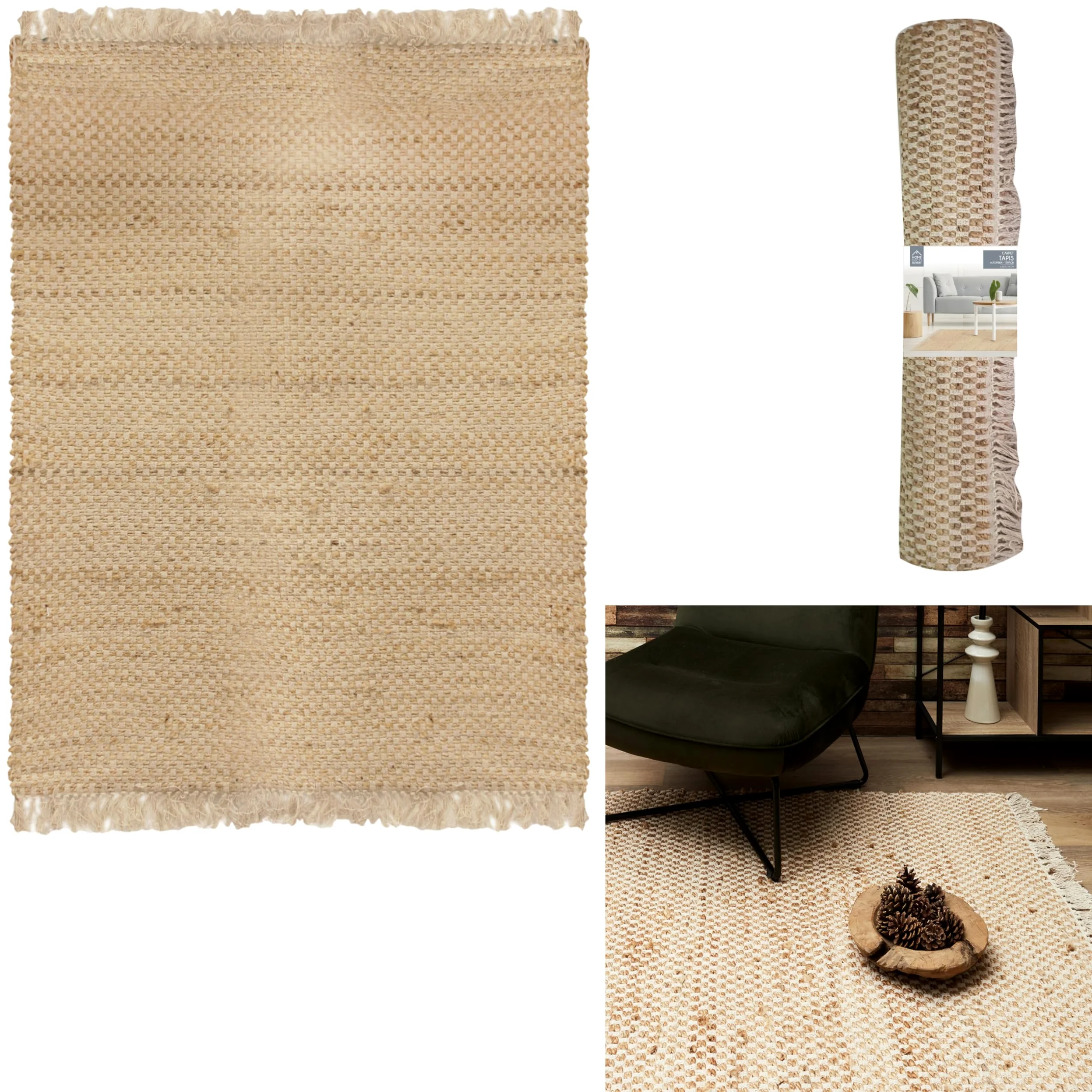 HOME DECO FACTORY - Tx9026 - Tapis en Toile de Jute avec Franges 120X170 cm Deco Textile D'Interieur Tapis Decoration