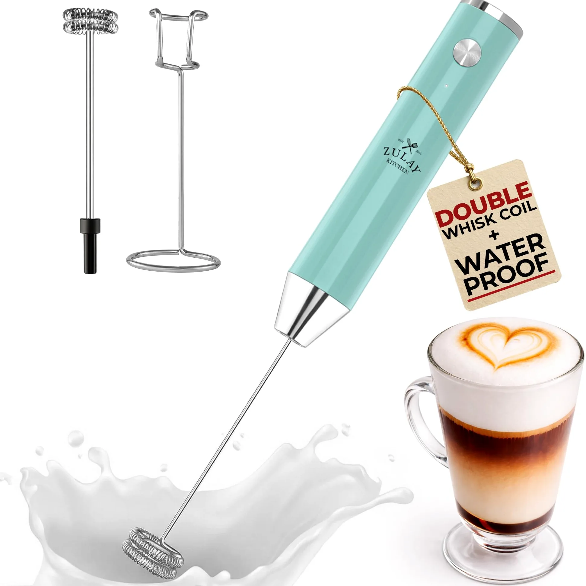 Zulay Kitchen Mousseur à lait portable rechargeable - Mousseur à boisson électrique pour cappuccinos, matcha et poudre de protéines - Double fouet Lux étanche à 2 vitesses - 2 000 mAh - Bleu ciel
