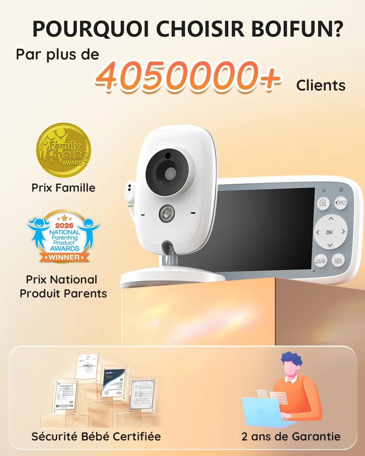 Babyphone Camera Bebe Surveillance sans WiFi, Vision Nocturne Infrarouge Invisible, 4 Pouces HD 720P, Interphone Bidirectionnel