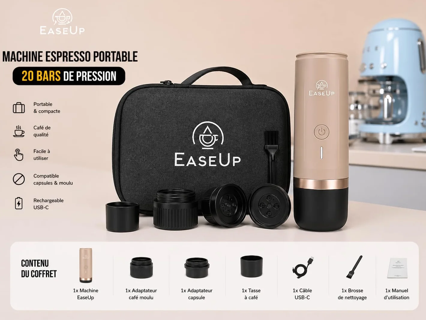 EaseUp Machine à Café Portable Rechargeable 2en1 avec étui de transport – Cafetière portable compatible Capsules Espresso & Café Moulu Pour Voyage, Camping, Voiture (Beige)