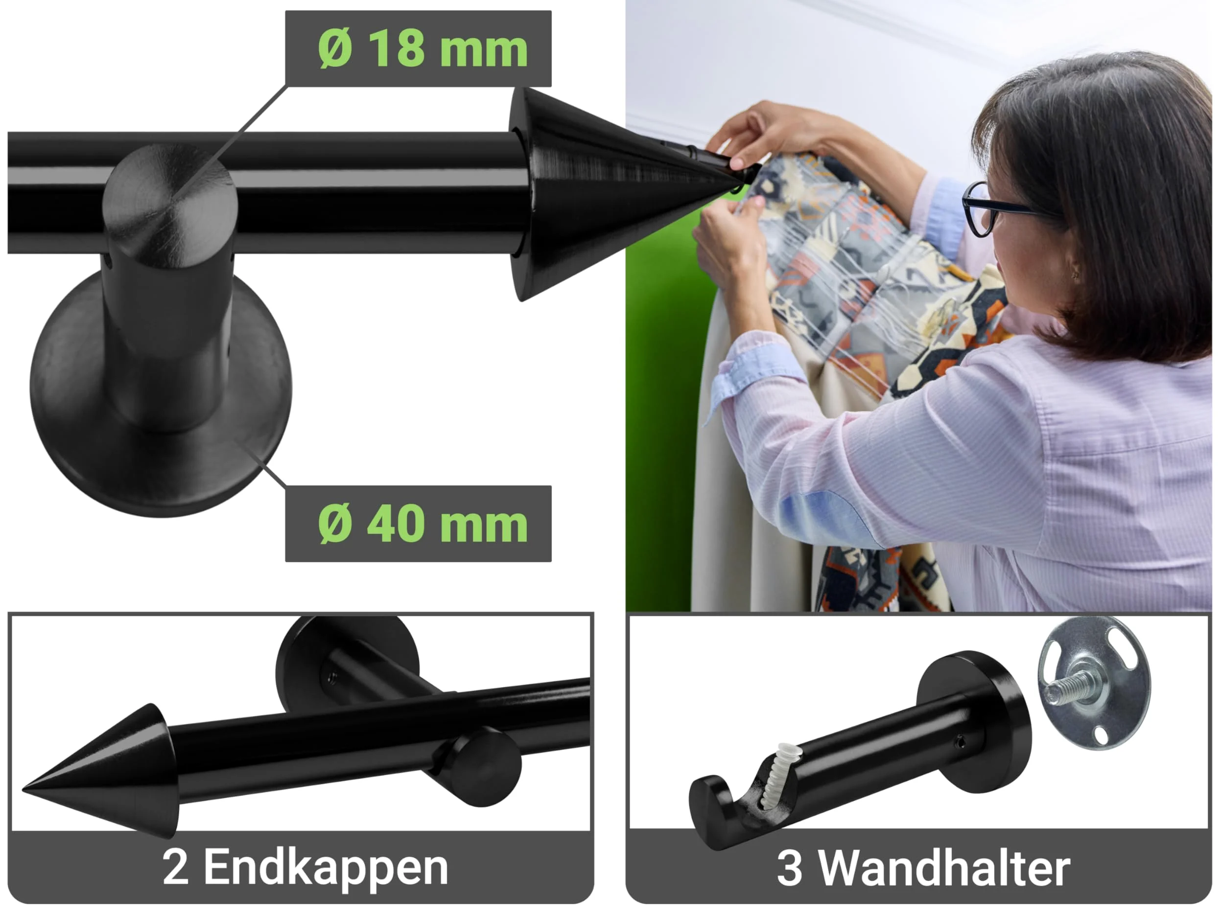 Tringle a rideaux télescopique noir 160-310 cm - Tringle rideau extensible et réglable, également utilisable comme tringle de douche - Embouts cône