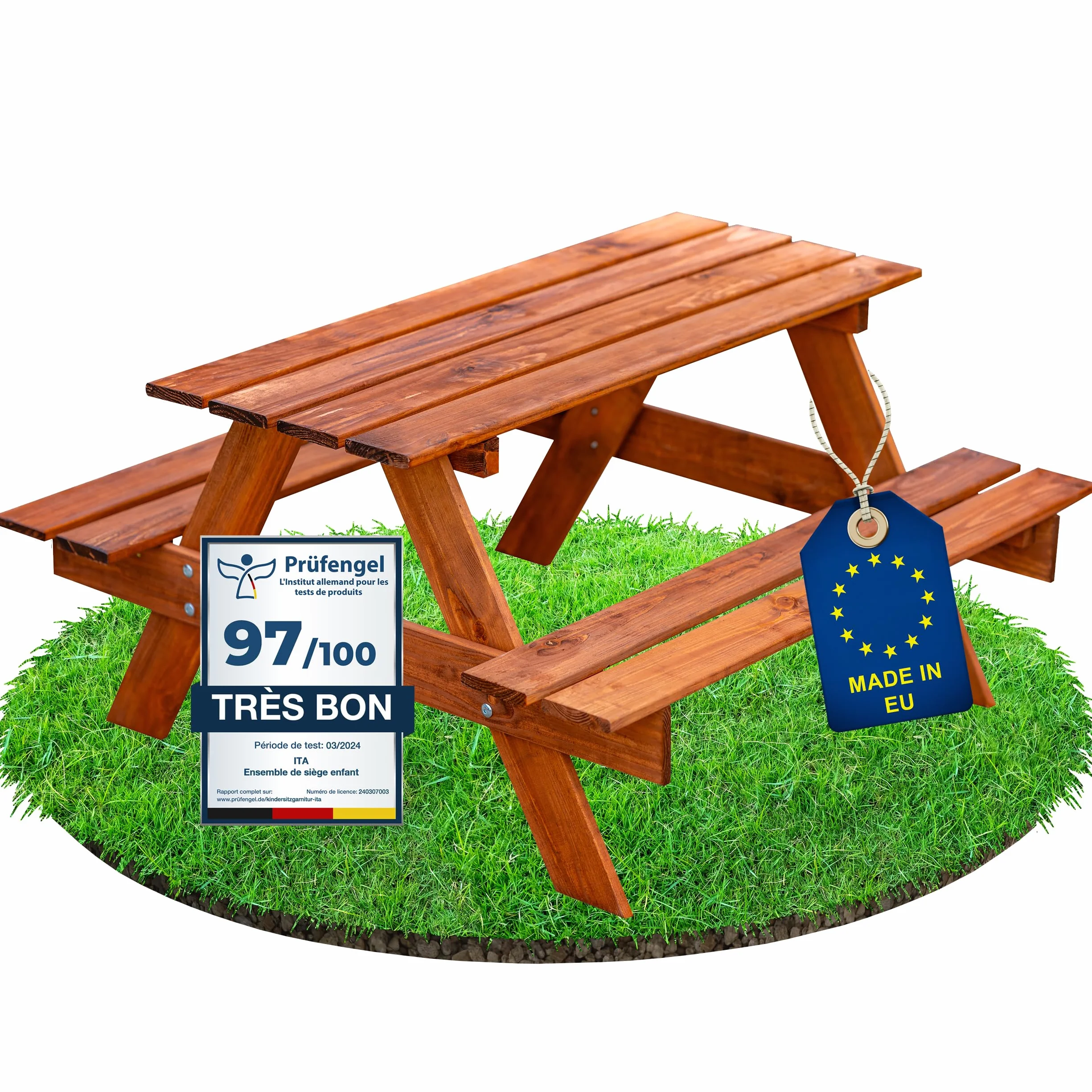 Table de Pique-Nique pour Enfants en Bois avec 2 Bancs, Ensemble FSC, Marron