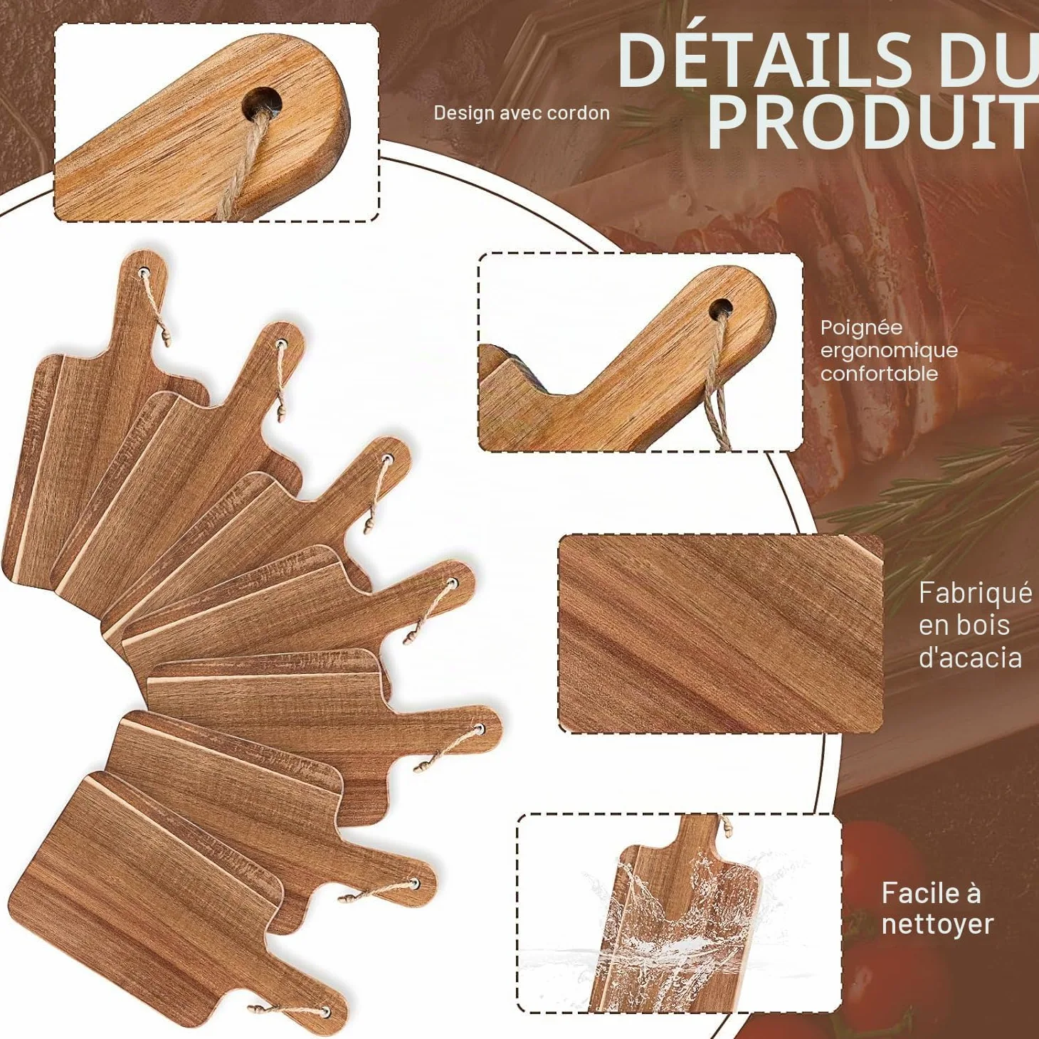 Lot de 10 planches à découper en bois d'acacia avec poignée, planche à charcuterie, planche de service pour viande, fruits, pain, fromage, planche à découper – 30 x 15 cm