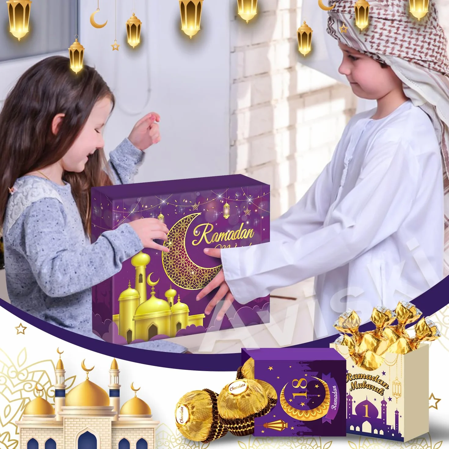 Calendrier de l'avent Ramadan 30 boîtes vides Compte à rebours Eid Mubarak Violet