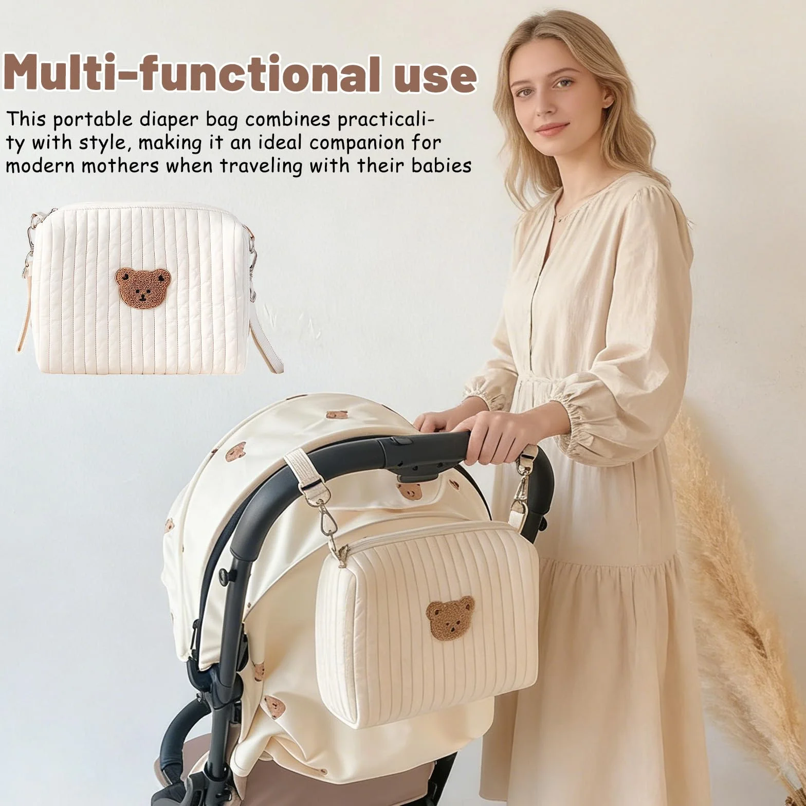 Sac à langer en coton organisateur universel pour poussette avec 2 sangles broderie ours