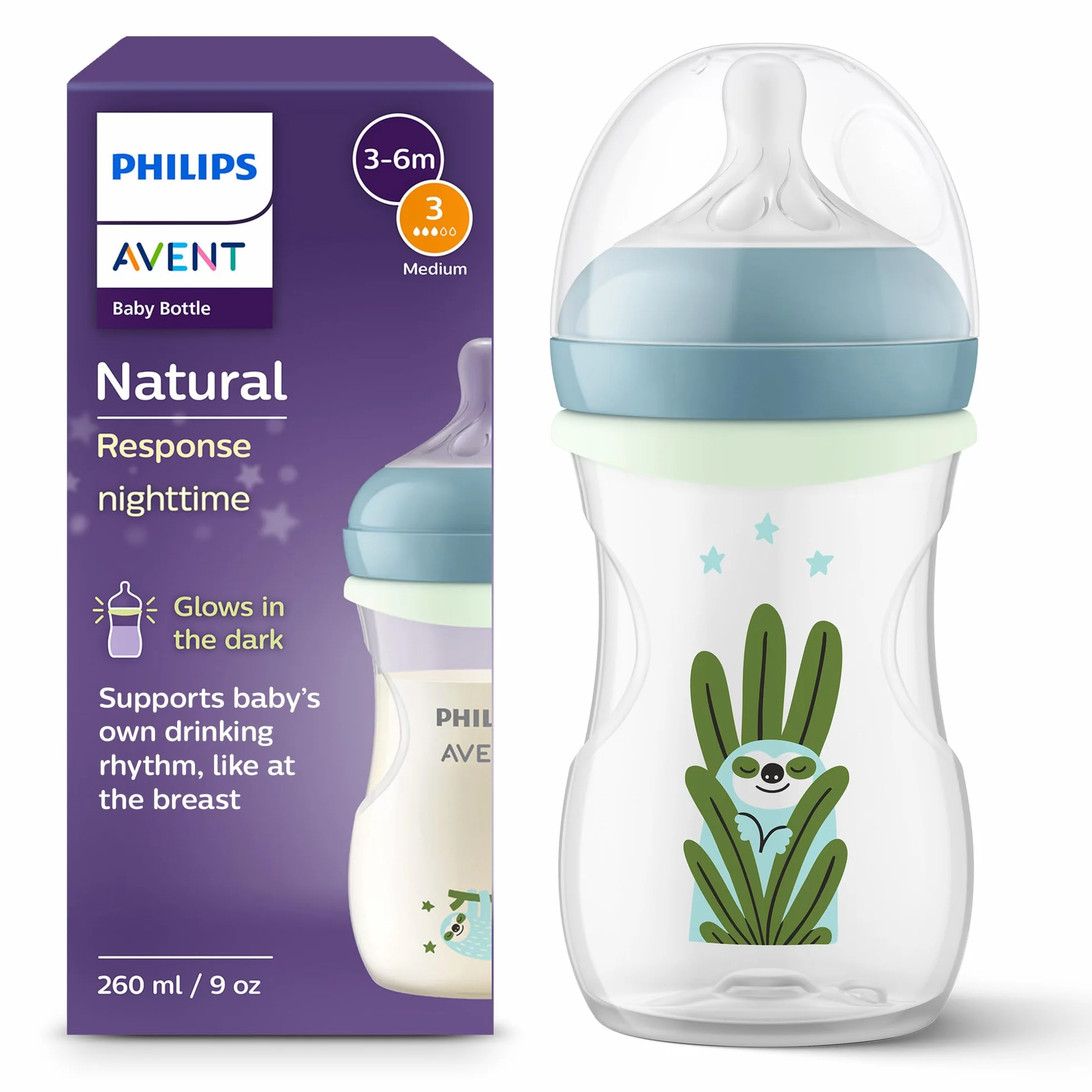 Philips Avent Natural Response Biberon nuit 260 ml tétine débit 3 anneau phosphorescent SCY903/81