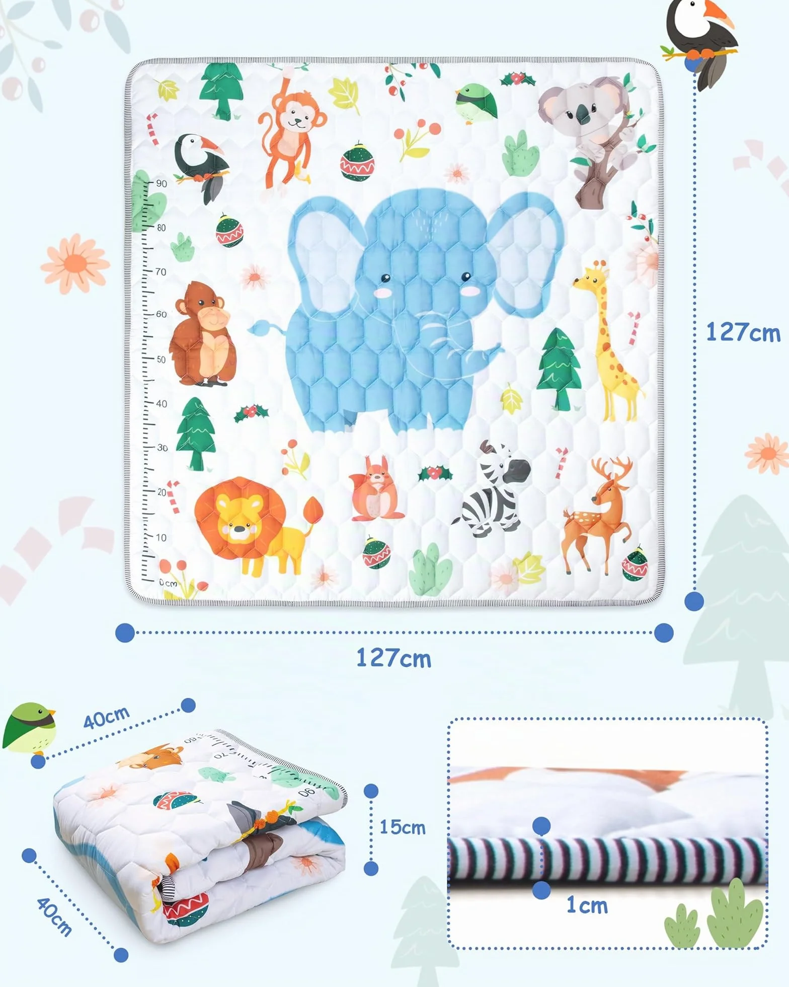Tapis de Jeux Bébé Antidérapant 127x127cm Animaux Motricité Pliable Coton Épais