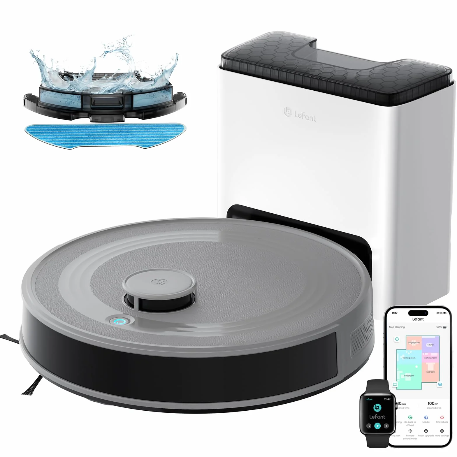 Lefant M2S Plus Aspirateur Robot Laveur avec Station, 10000Pa, Vidange Automatique, 240min, Poils d'animaux Tapis Sols Durs, Alexa/App
