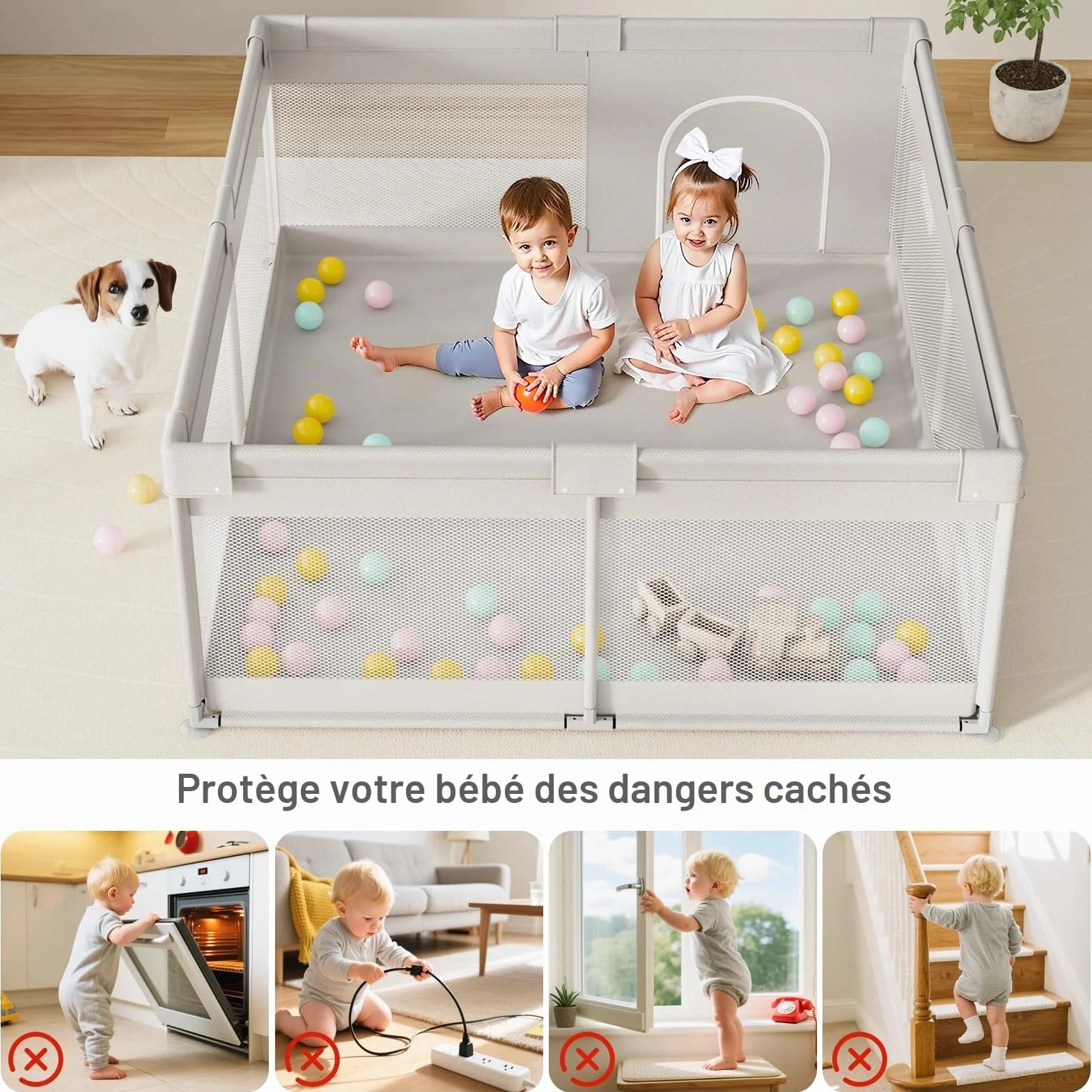 Grand parc pour bébé 175x150x64 cm XXL avec filet respirant antidérapant pour salon et jardin
