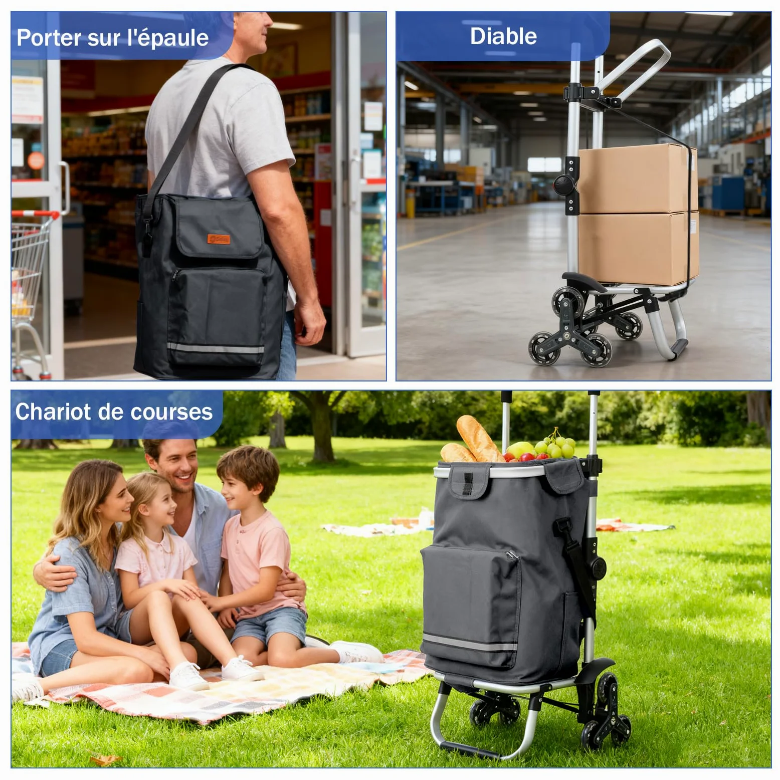 Sekey Chariot de Courses 3 Roues Monte Escalier Pliable 3 en 1, Caddie Isotherme avec Sac Amovible, Diable et Trolley, Grande Capacité, Léger et Solide, Idéal Courses et Seniors – Gris
