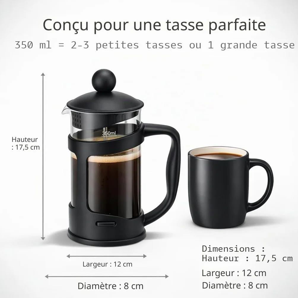 Cafetière Classique Continental Noire 350 ml – Cafetière à Piston en Verre Trempé Résistant aux Chocs