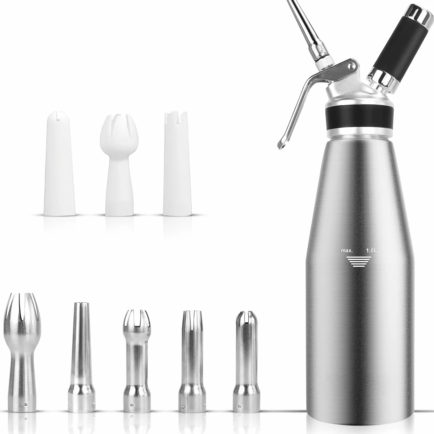 Siphon à chantilly en aluminium 1000 mL avec 5 douilles inox et 3 buses, pour pâtisserie