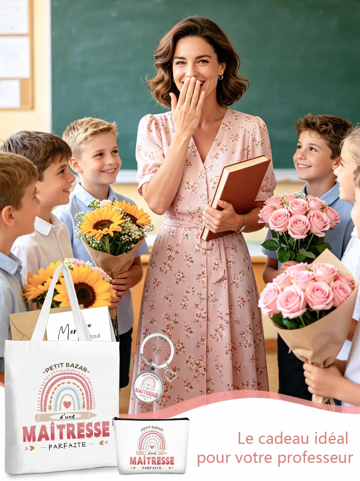 Sac Tote Bag Cadeau Maitresse D'école avec Porte Clés et Carte de Remerciement