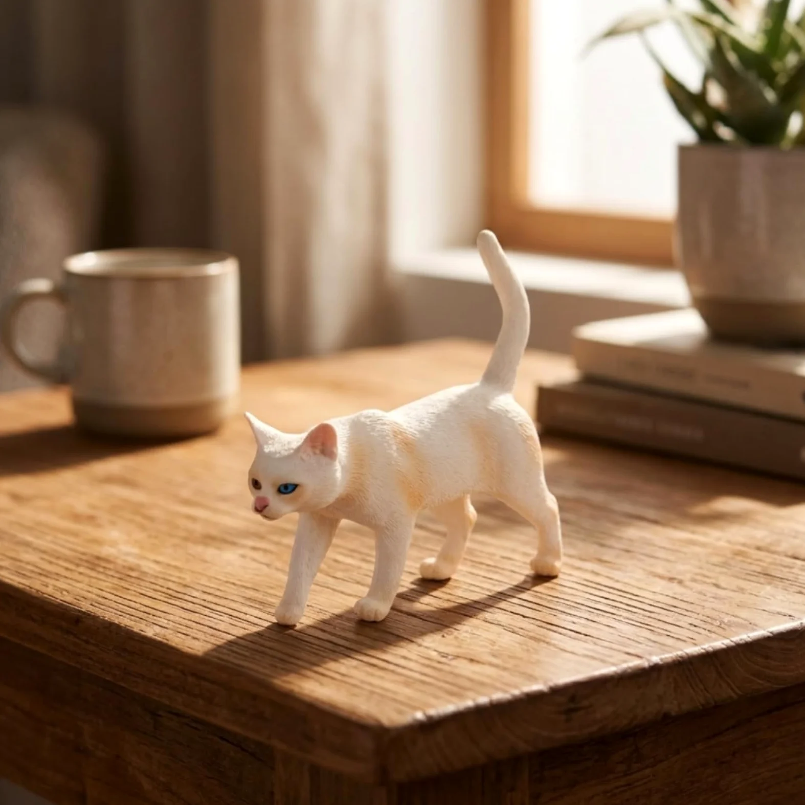 Six Petites Statues Chat Peintes avec Détails Faciaux Précis pour Décoration Bureau et Collection sur Tablette