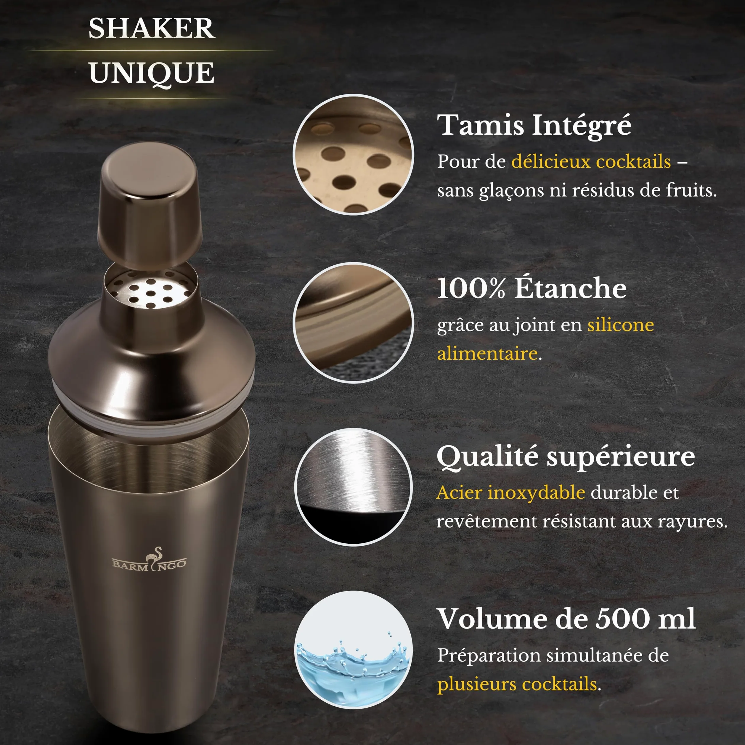 Shaker Cocktail Kit | 5 Pièces, Volume de 500 ML, Noir Métallisé | Shaker Cocktail INOX avec Accessoires de Bar | Set Barman Cocktail Shaker | Kit Cocktail Professionnel