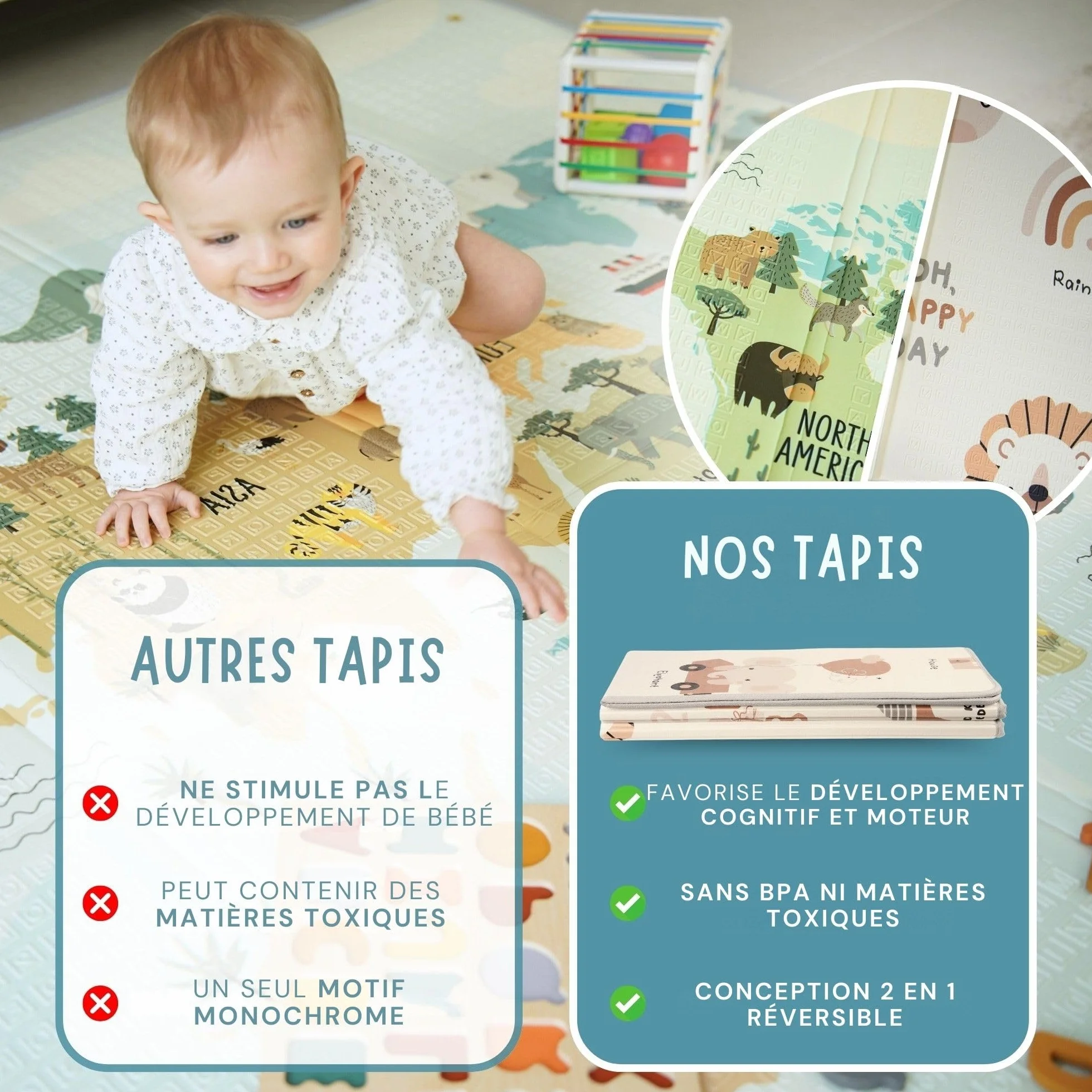 Tapis Bebe Pliable 200x180 Reversible avec Bord Renforcé, Tapis d'Eveil Anti-Chute Lavable (Carte XL)