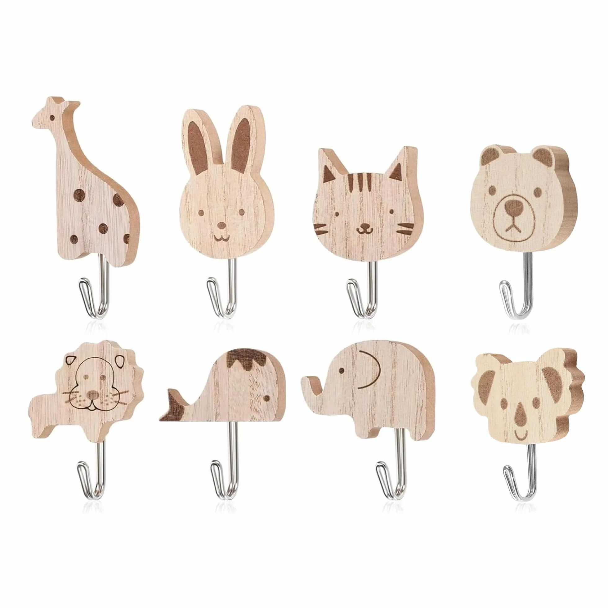 Garçonnière en Bois pour Enfants, Lot de 8 Crochets Adhésifs Animaux - Crochets de Rangement Mural