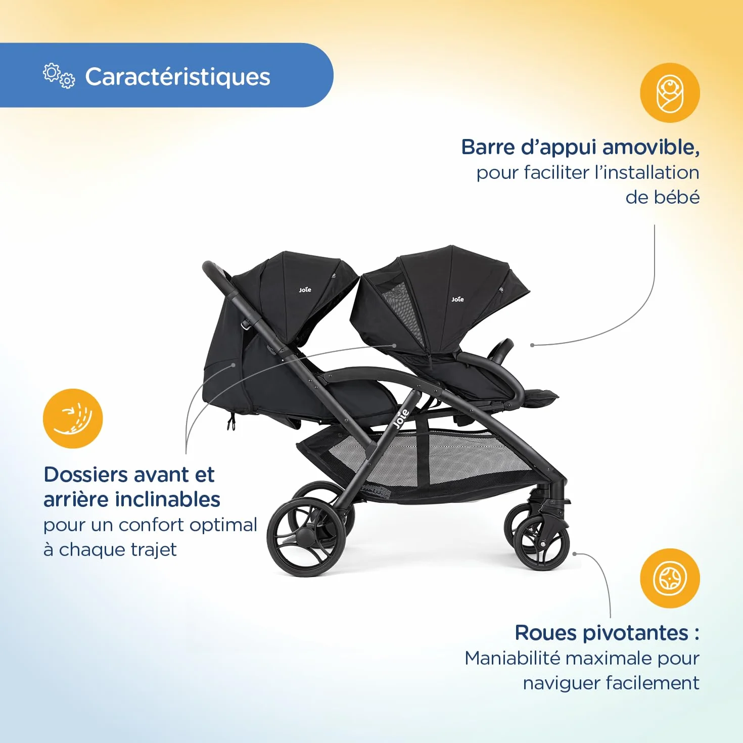 Joie EVALITE DUO Poussette Double Légère Naissance à 15 kg Pliage Compact 1 Main Compatible Coque Siège Arrière Ultra Légère 10,5 kg Grand Panier Habillage pluie inclus Shale