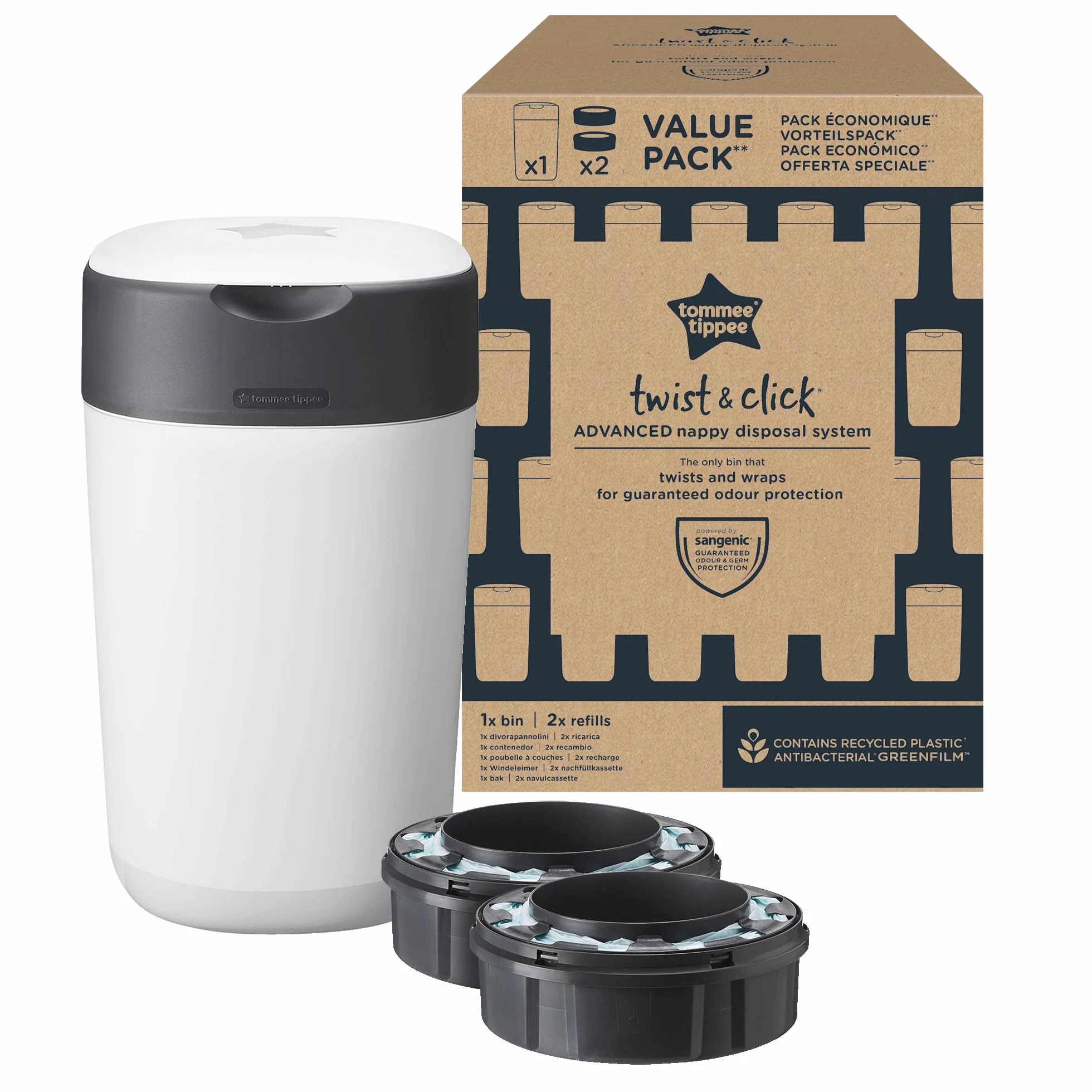 Tommee Tippee Poubelle à couches Twist & Click Pack Exclusif avec 2 Recharges, Protection anti-odeurs anti-germes, Grande capacité