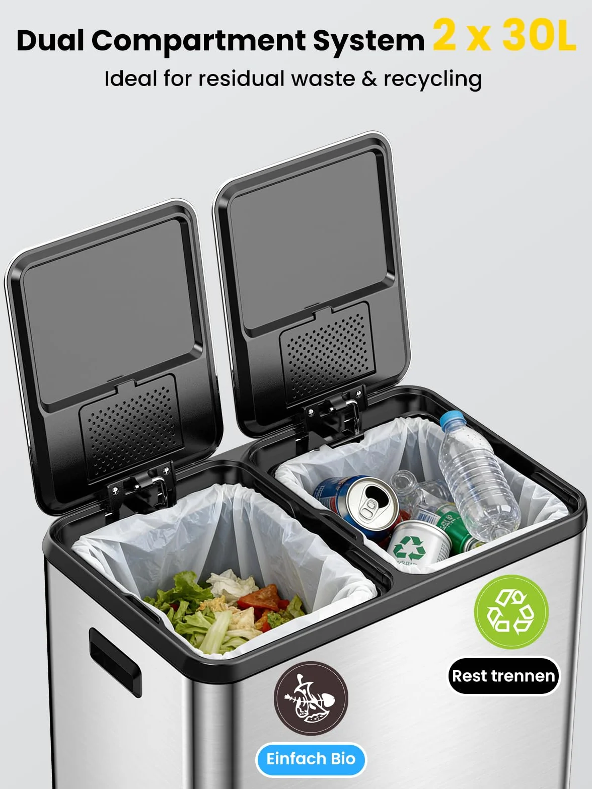 YEAUPE PRO Poubelle Cuisine 60L à Pédale, 2x30L Tri Sélectif Double Compartiment Inox