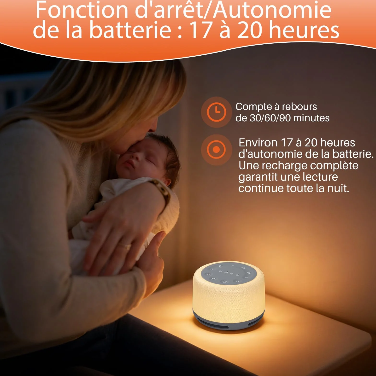 Machine à Bruit Blanc FUNYKICH, 30 Sons Relaxants, Lumière 7 Couleurs, Minuterie, Gris