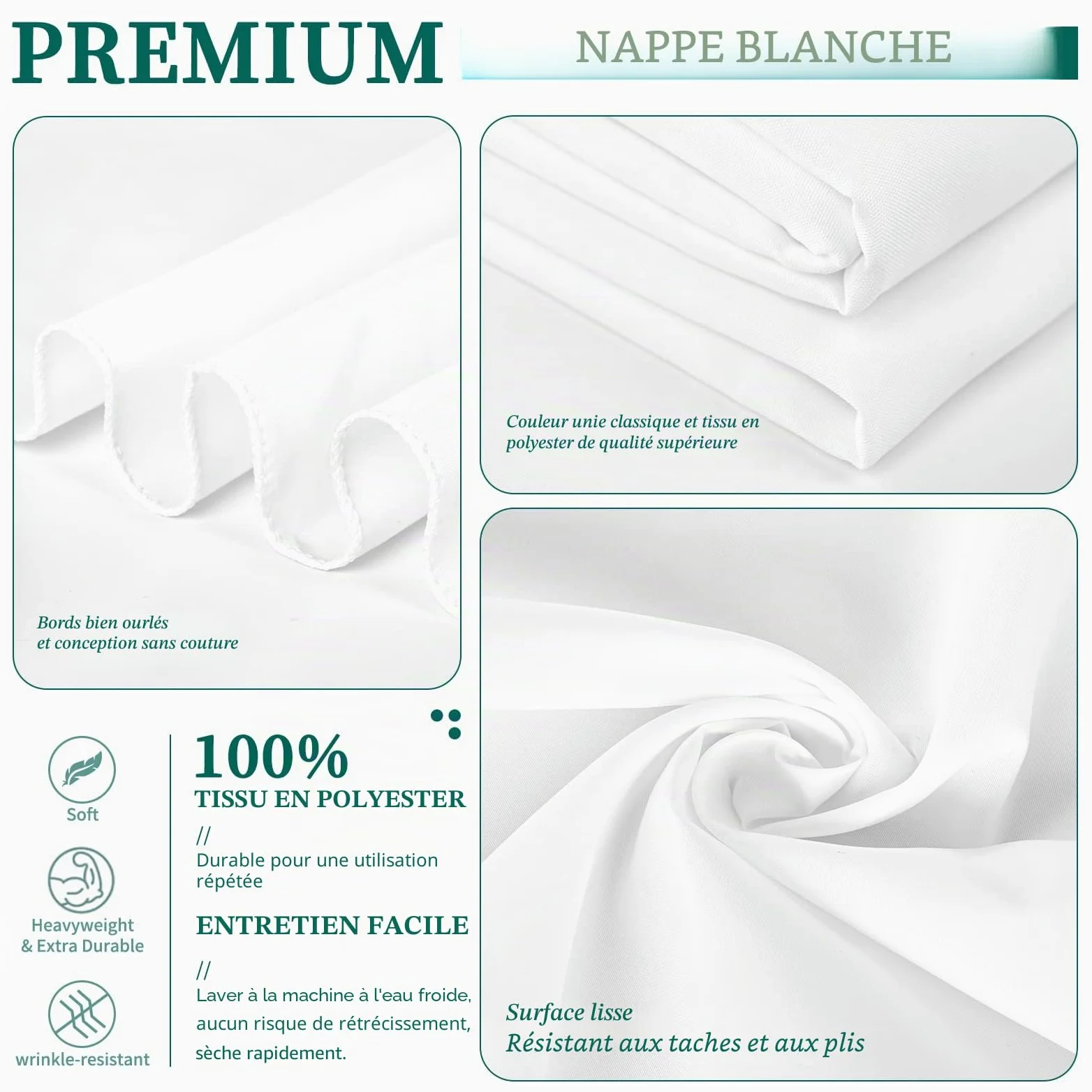 Showgeous Lot de 6 Nappes Rectangulaires 153x320cm en Coton Blanc, Housses de Table Lavables pour Mariage, Banquet, Restaurant