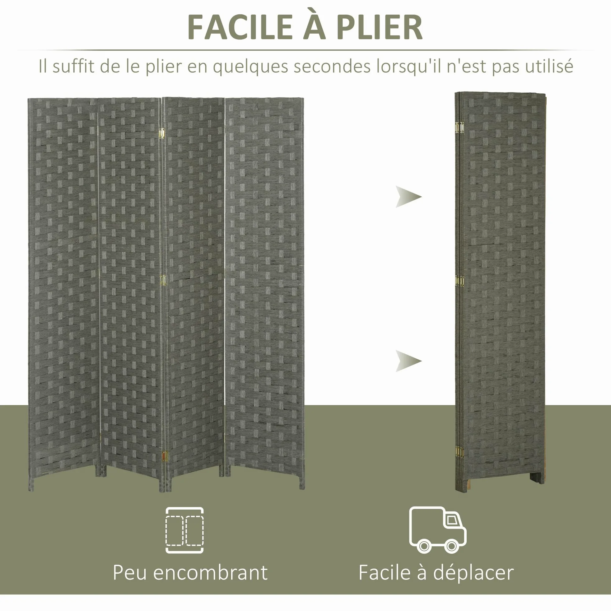 HOMCOM Paravent Intérieur 4 Panneaux 159,5L x 169,5H x 1,6P cm Gris | Séparateur de Pièce, Cloison en Bois