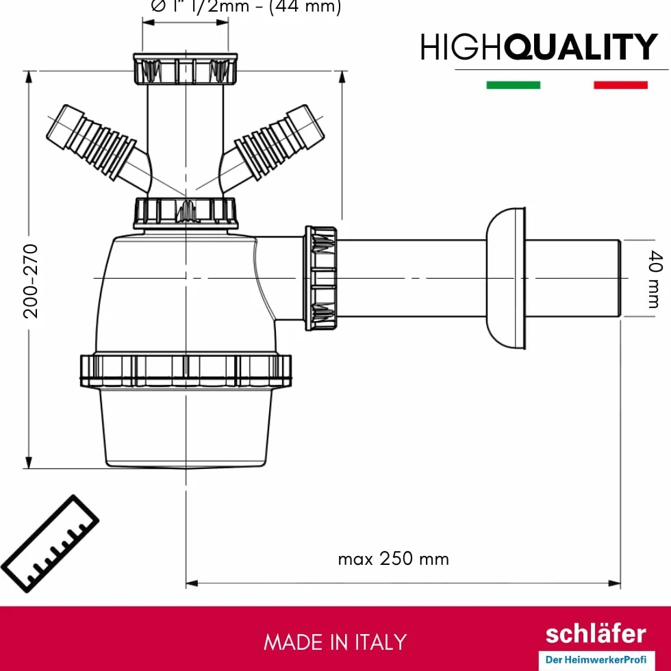 Siphon universel pour éviers 1"1/2 avec prise machine à laver vaisselle, diamètre 40 mm, réglable en hauteur, blanc