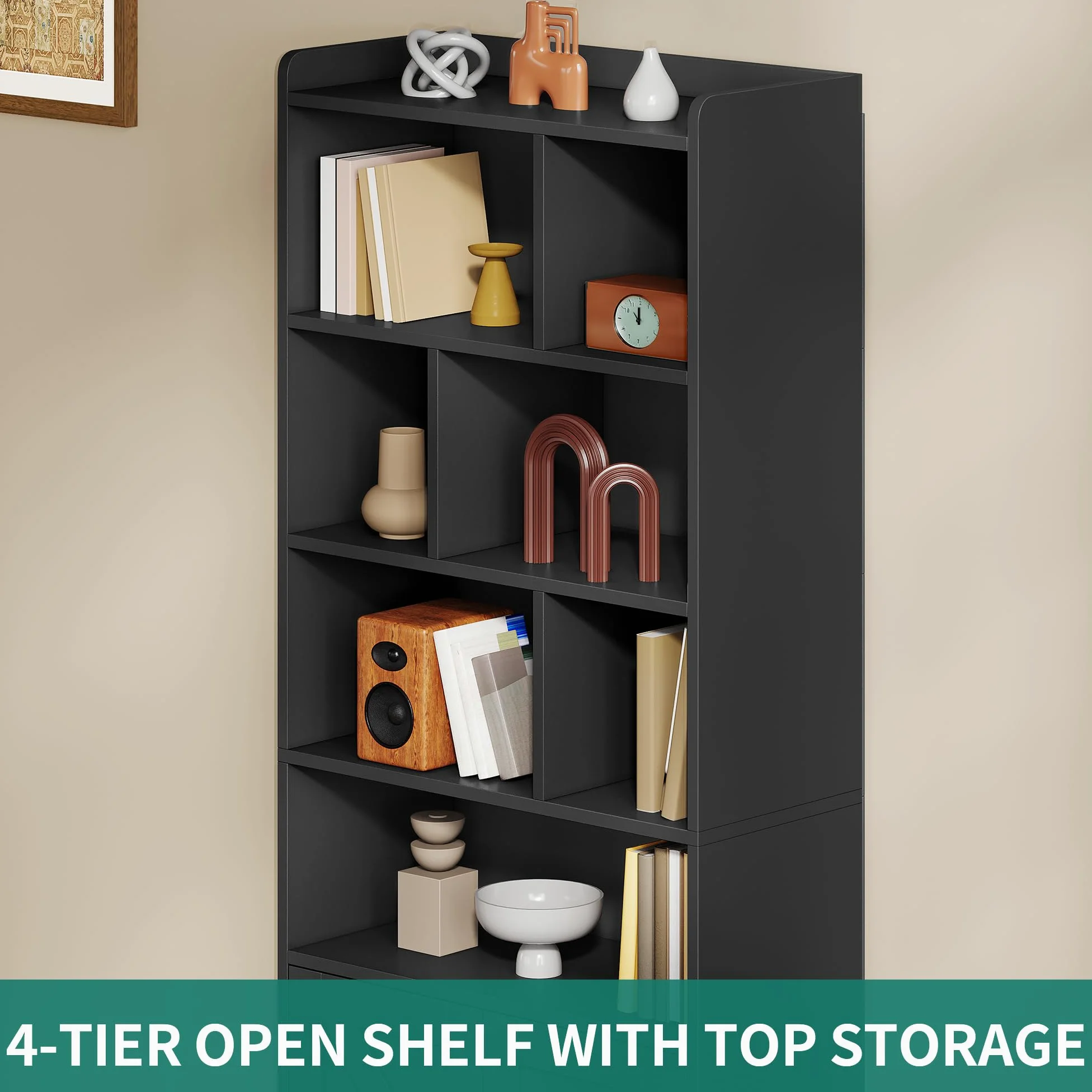 YITAHOME Bibliothèque à 4 Niveaux avec Portes et Placard, étagère de Rangement sur Pied, Compartiment Ouvert, idéale pour la Maison, Le Bureau, Le Salon ou la Chambre, Noire, 60 x 30 x 159 cm