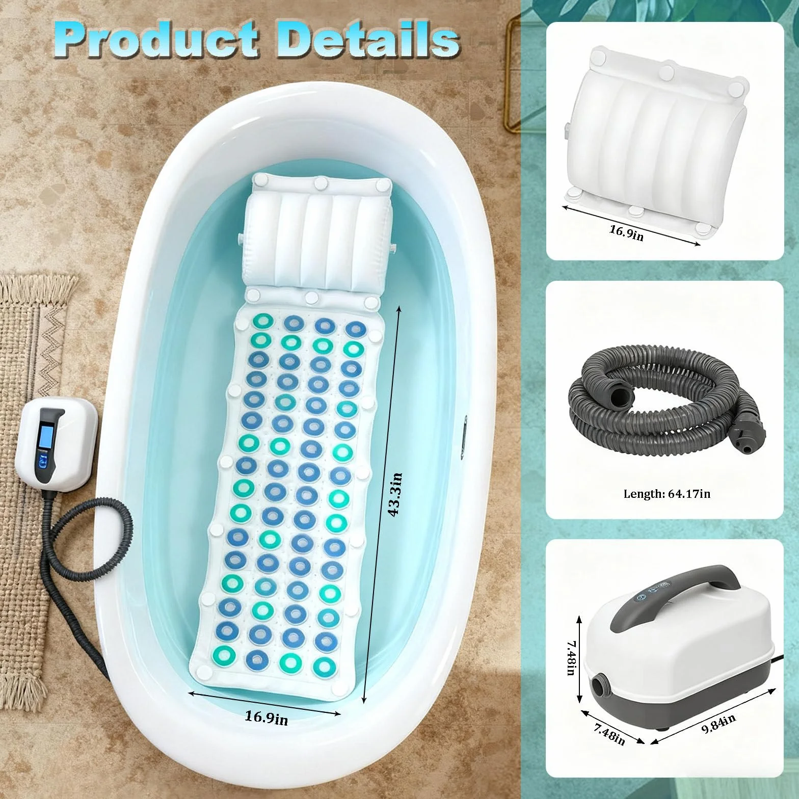 Tapis de Bain à Bulles avec Télécommande 93 Jets 6 Niveaux Lumières LED 7 Couleurs Pompe à Air Améliorée Portable