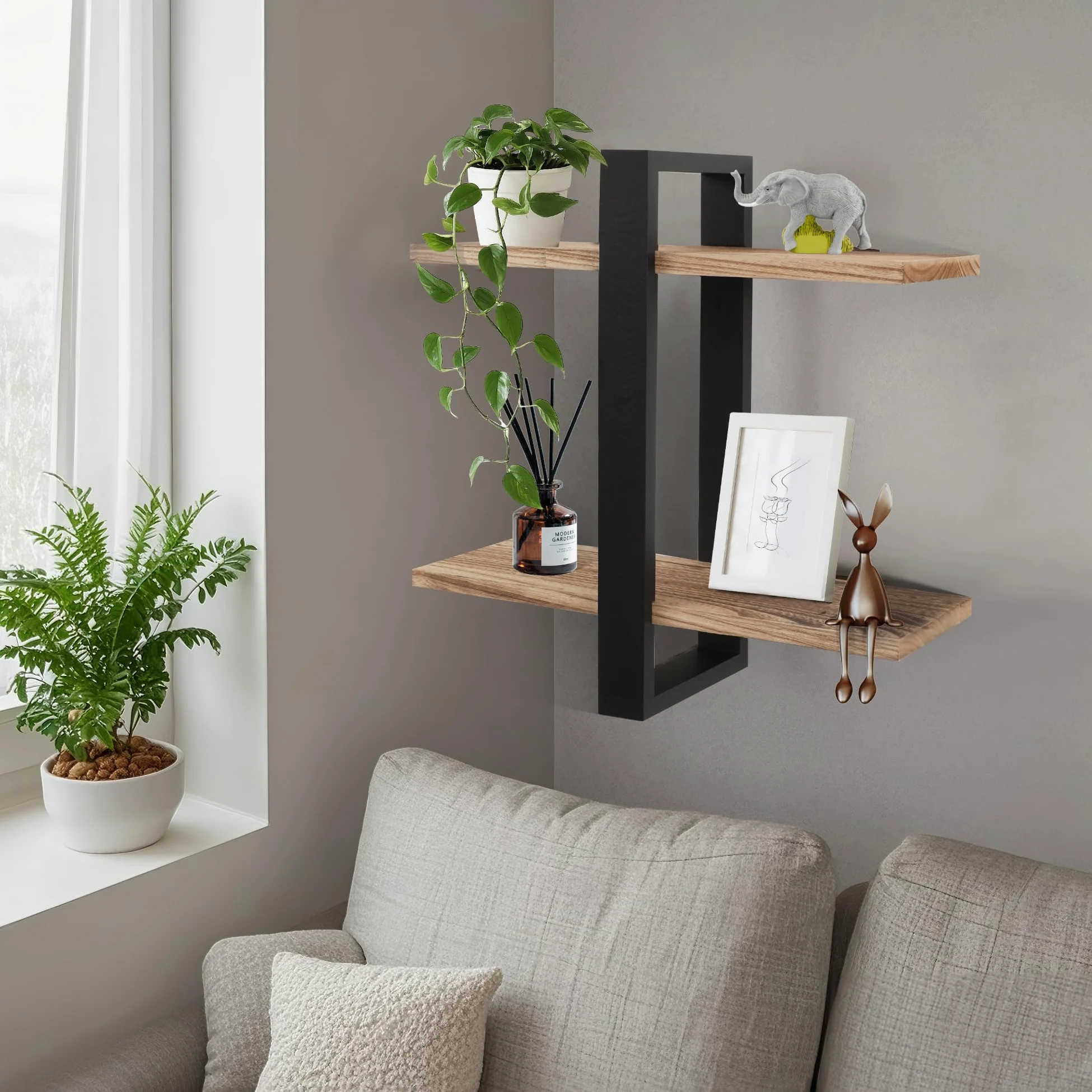 Lot de 2 étagères murales de rangement et de présentation pour salon, chambre à coucher, salle de bain, cuisine et bureau (noir + noir carboné)