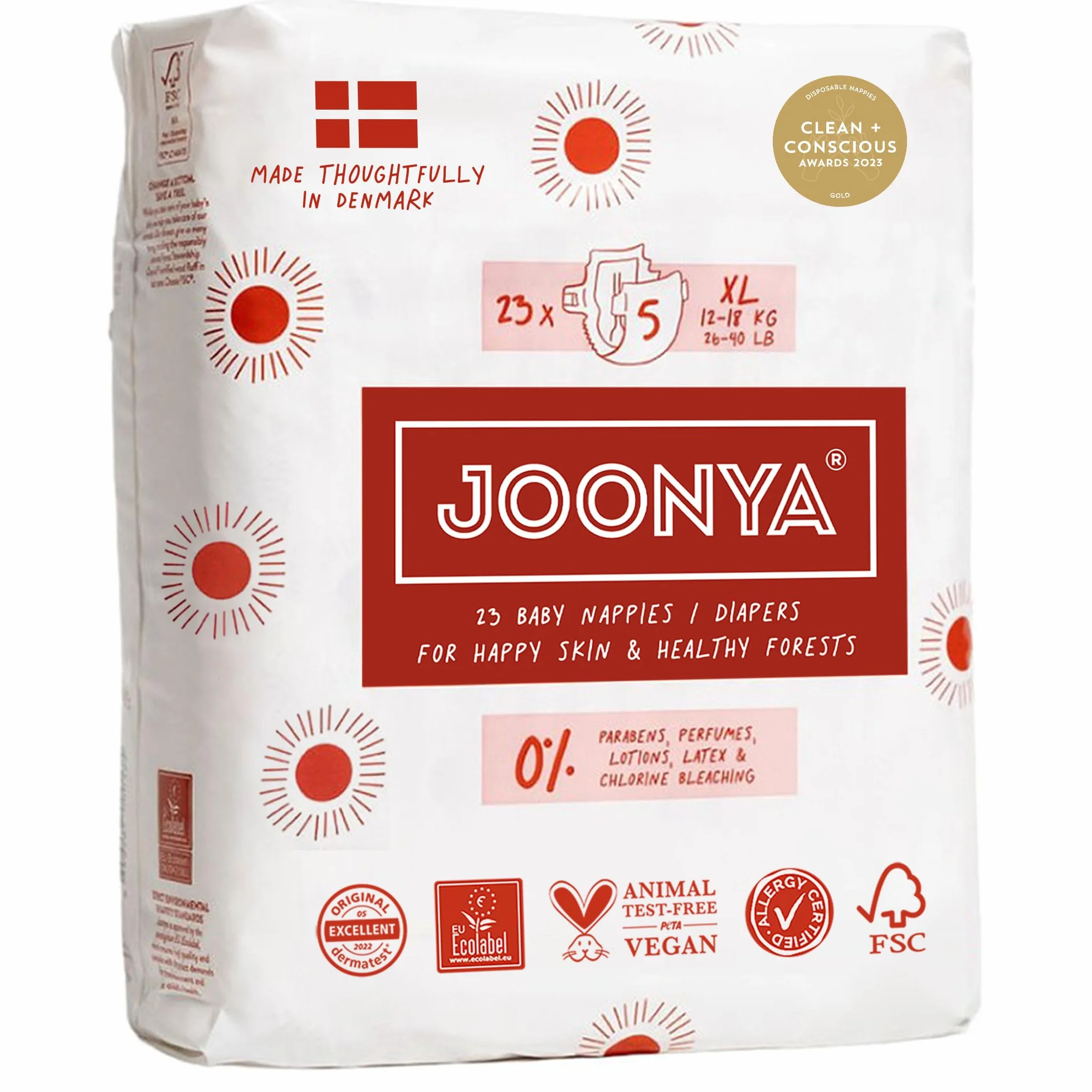 Joonya Couches bébé taille 5 XL (12-18 kg) 23 pièces, sans substances nocives, haute absorption, utilisation nocturne