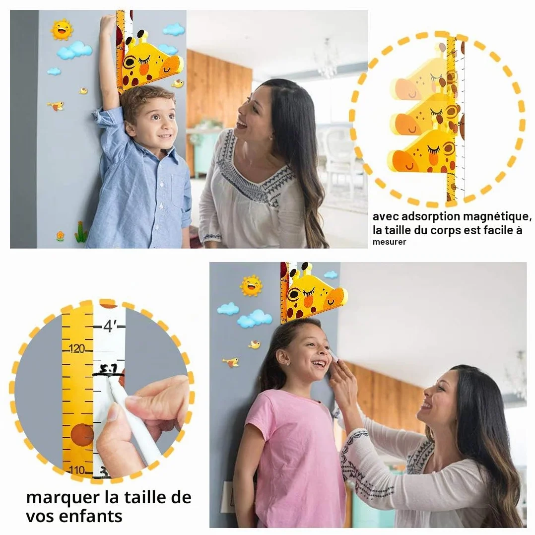 Tableau de Croissance Règle de Hauteur Girafe Toise 3D Support Ecriture Taille Appuie-Tête Amovible EVA Stickers Muraux Chambre d'Enfants