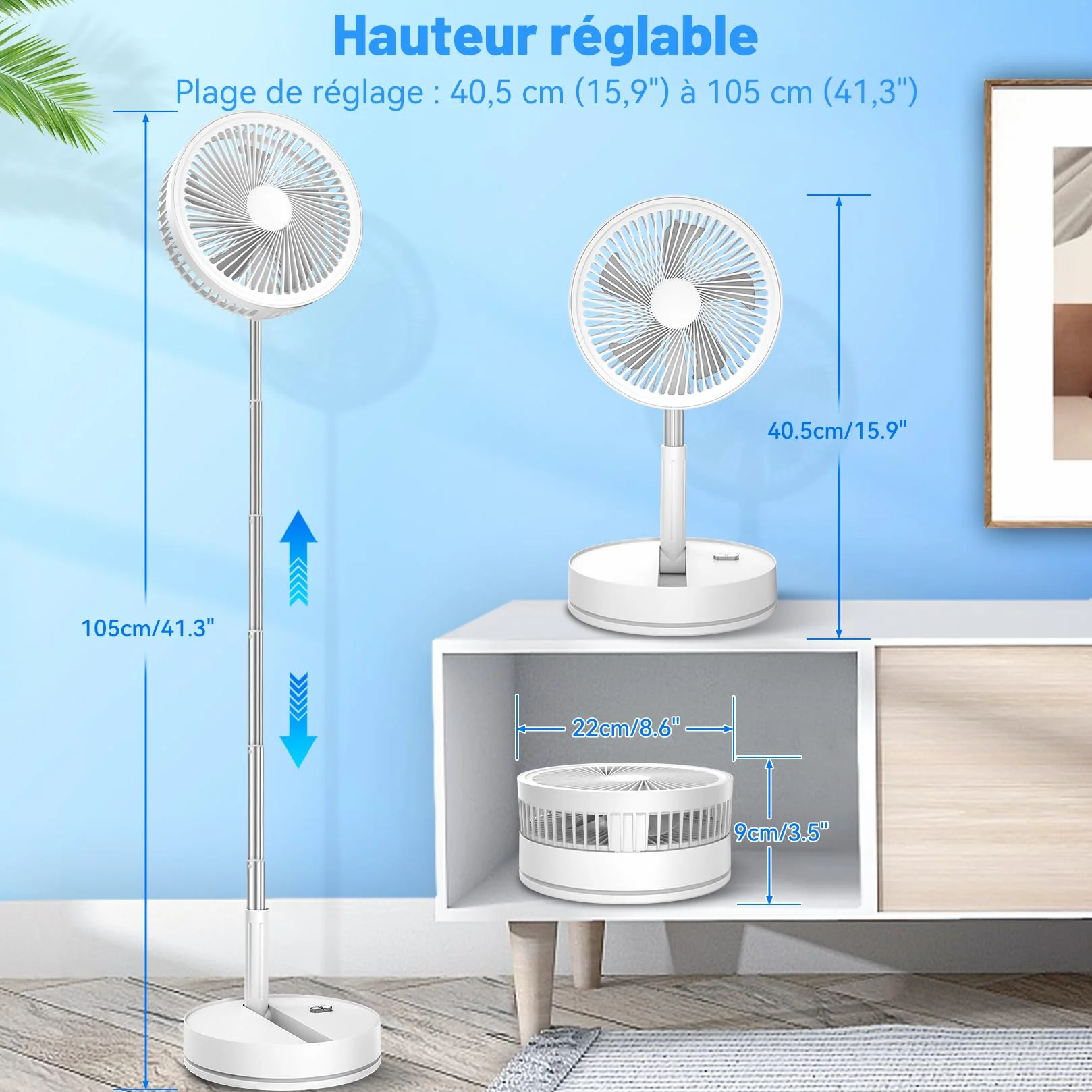 Ventilateur sur Pied Silencieux 8.6" Portable Pliable 4 Vitesses Timer 8000mAh USB Rechargeable pour Chambre Bureau