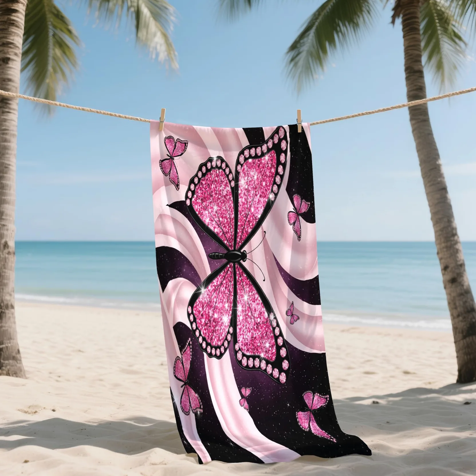 Serviette de Plage XXL Microfibre Papillon Rose Romantique Fille, Drap de Plage Séchage Rapide Anti Sable & Légère, Serviette de Bain Grande Taille 200x200 cm, Accessoire & Cadeau été