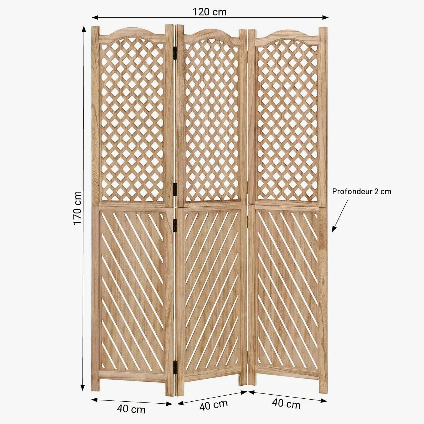 Homestyle4u 2014 Paravent 3 panneaux en bois naturel, protection visuelle espagnole