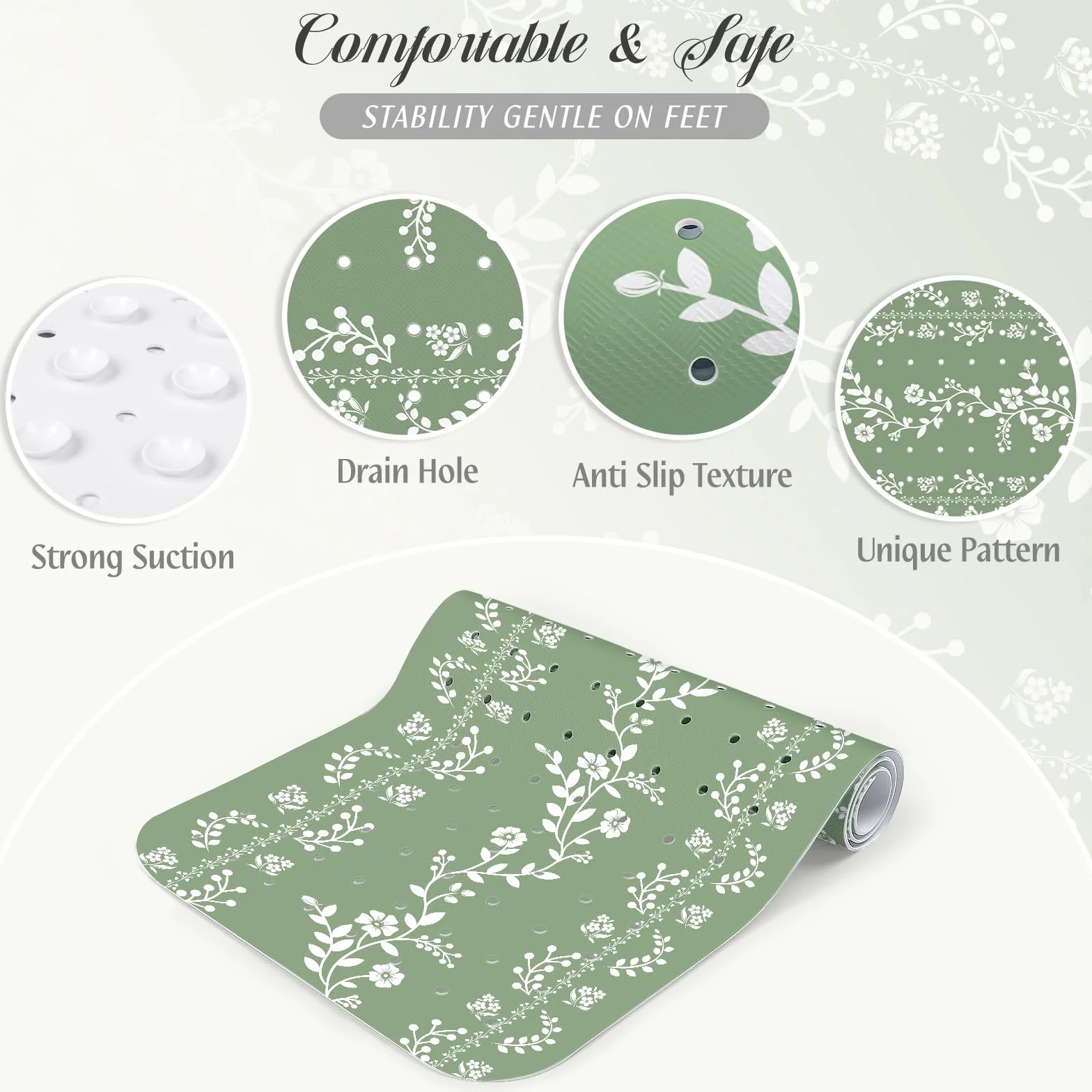 Tapis de Bain Antidérapant Vert Sauge 100 x 40 cm, Résistant à la Moisissure, Lavable en Machine