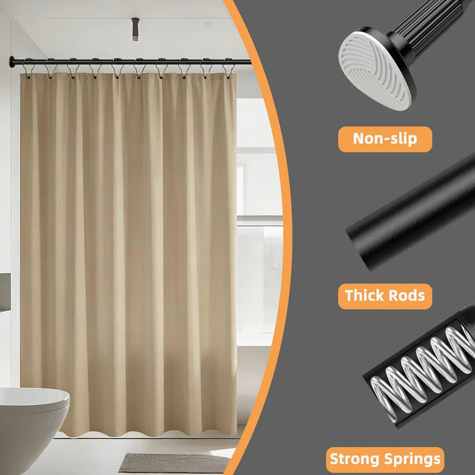 Tringle à rideau de douche de 75 à 115 cm, 32 mm, extensible, sans perçage, avec base antidérapante, 1 section télescopique pour salle de bain, chambre à coucher, séparateur de pièce, extérieur, noir