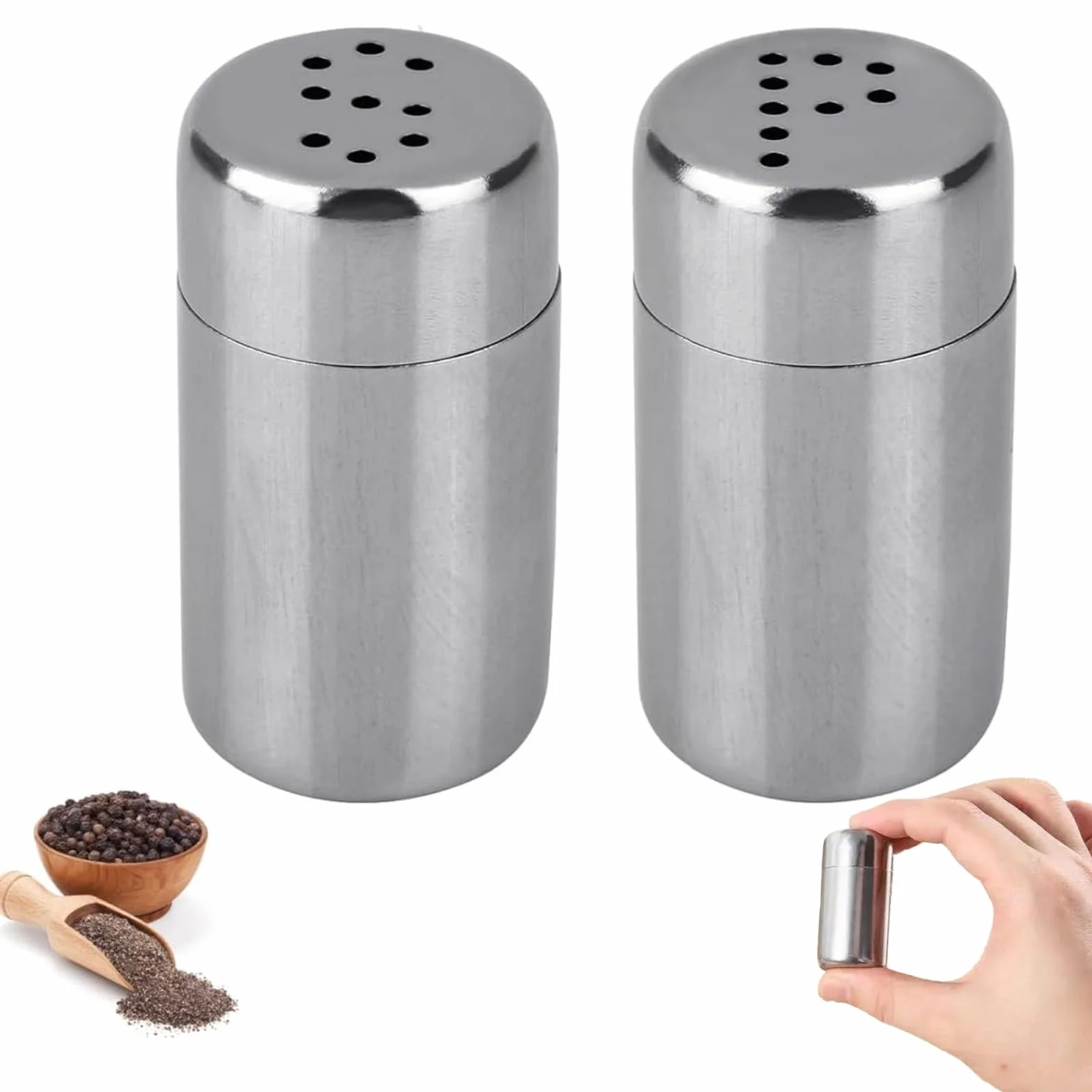 Mini salières et poivrières en acier inoxydable portables avec trou S P pour cuisine voyage camping argent