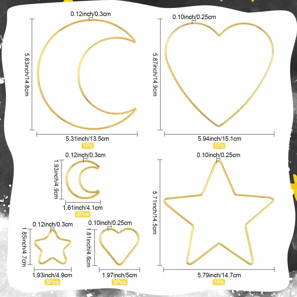 Lot de 6 Anneaux Attrape Rêves en Métal Doré Formes Étoile Lune Cœur Décoration Murale