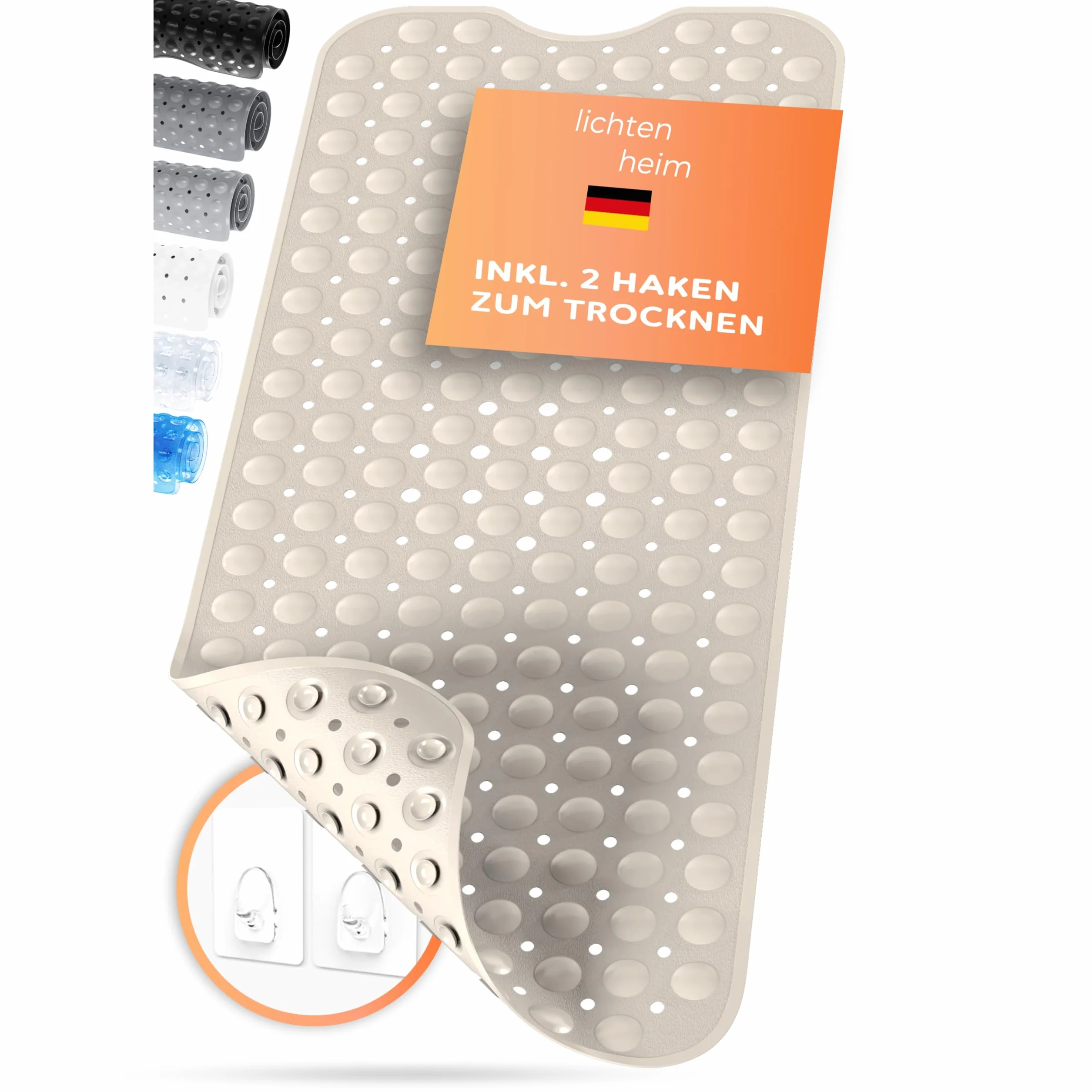 Tapis de douche antidérapant Sensitiv 100x40 cm avec 2 crochets - Tapis de bain sans BPA résistant à la moisissure et lavable