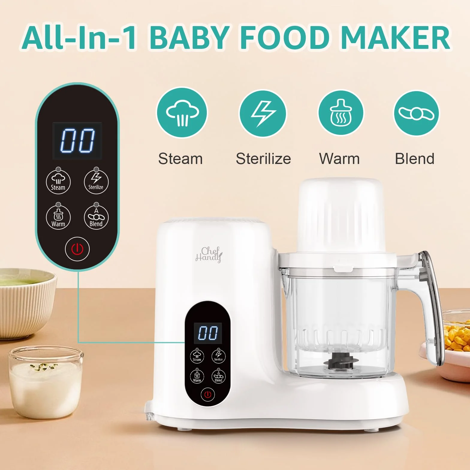 Chefhandy Robot Cuiseur Bébé 5 en 1 – Mixeur Cuiseur Vapeur Double, Chauffe-Biberon, Écran Tactile Blanc
