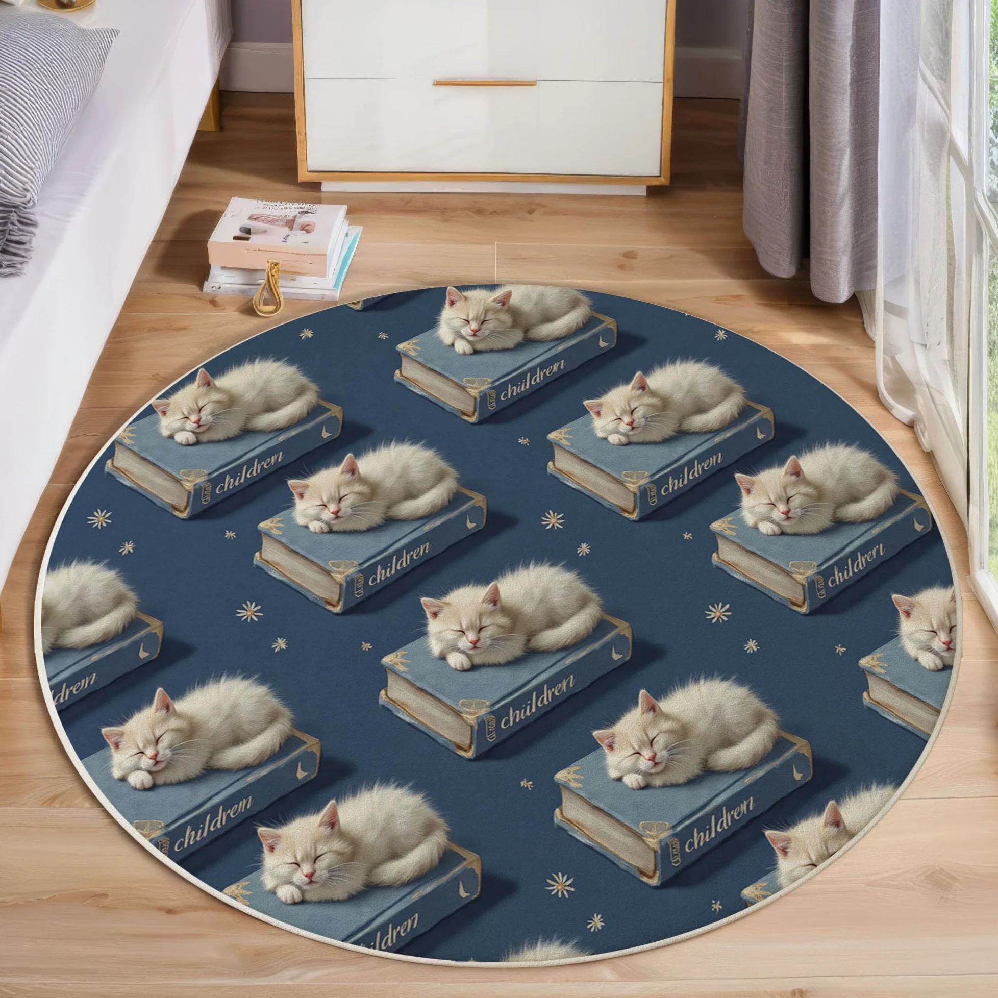 Tapis Rond De Chambre d'enfant 100 Cm - Chat Mignon Livres Bleu Marine - Motif Animaux Ciel Étoilé - Moelleux Et Antidérapant - Tapis De Salon À Poils Courts - Lavable - Moderne Doux