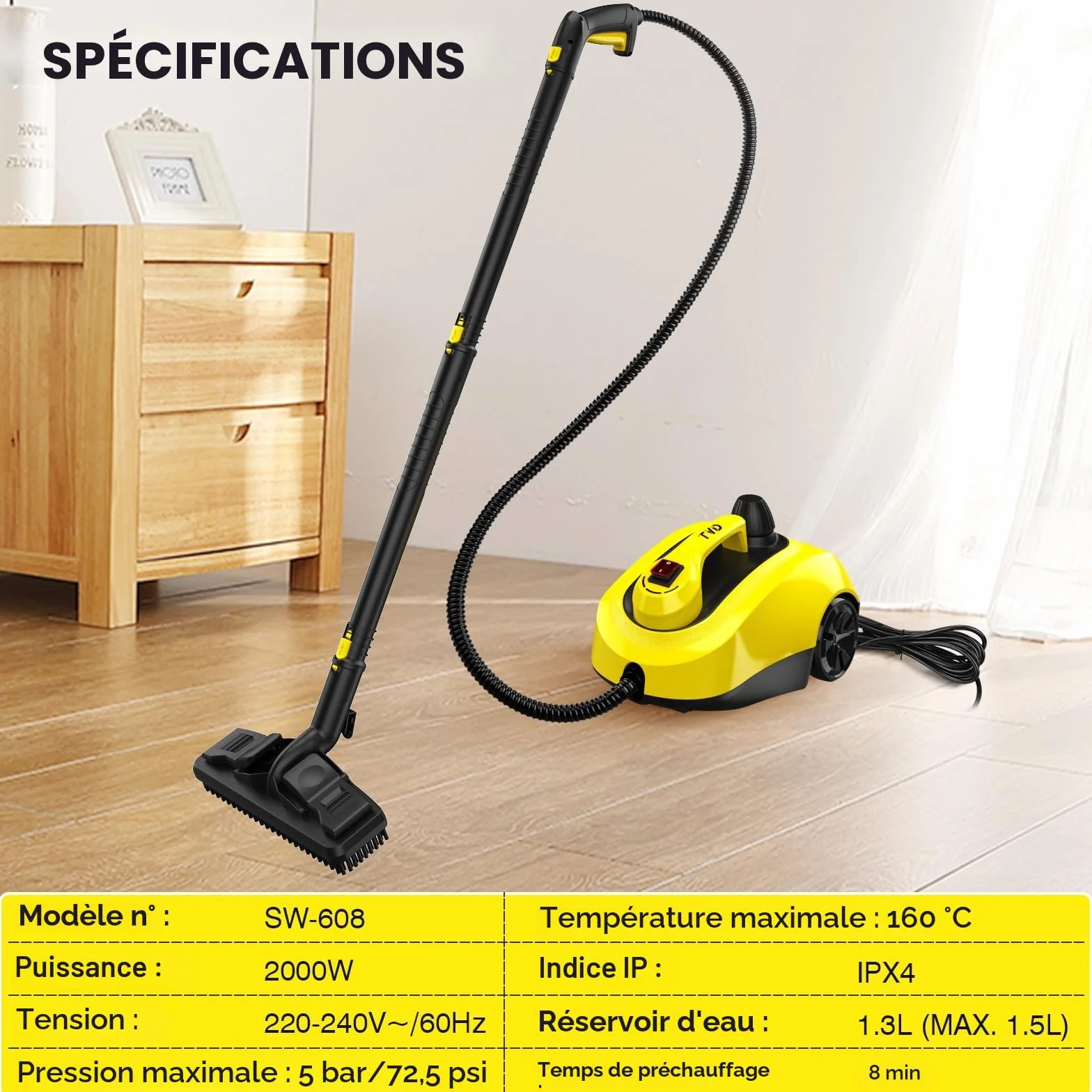 Nettoyeur vapeur pour meubles rembourrés avec câble 5 m pour sol, voiture, tapis, canapé