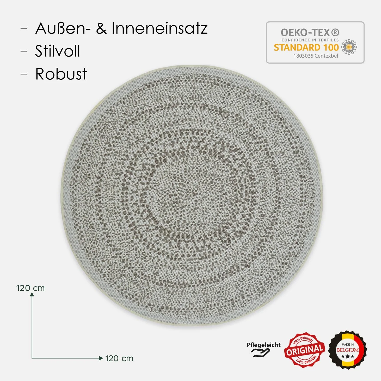 DomDeco Intérieur/extérieur Tapis rond Finn dans un style moderne – Robuste et facile d'entretien pour le salon, le couloir, la terrasse, le balcon, en fibres synthétiques, Ø 120 cm, crème/vert olive