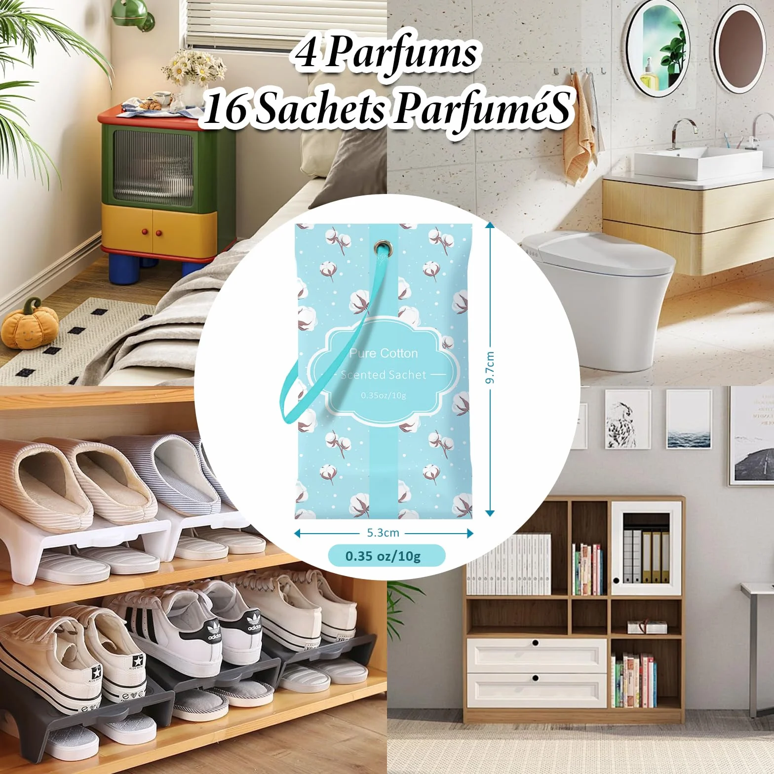 SCENTORINI Sachets Parfumés Frais pour Tiroirs, 16 sachets, 4 Senteurs Lin, Coton, Vanille, Eucalyptus Sauge