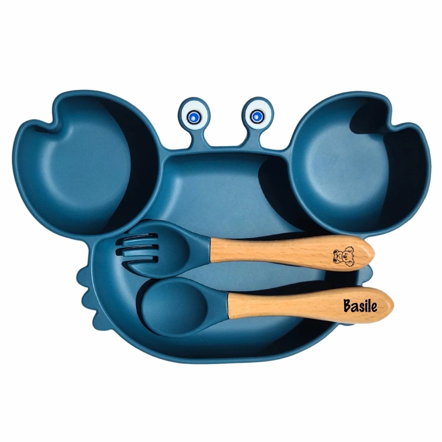 Set Repas Bébé avec Assiette à Ventouse en Silicone et Couverts Personnalisables, Cadeau de Baptême et Naissance (Bleu Marine)
