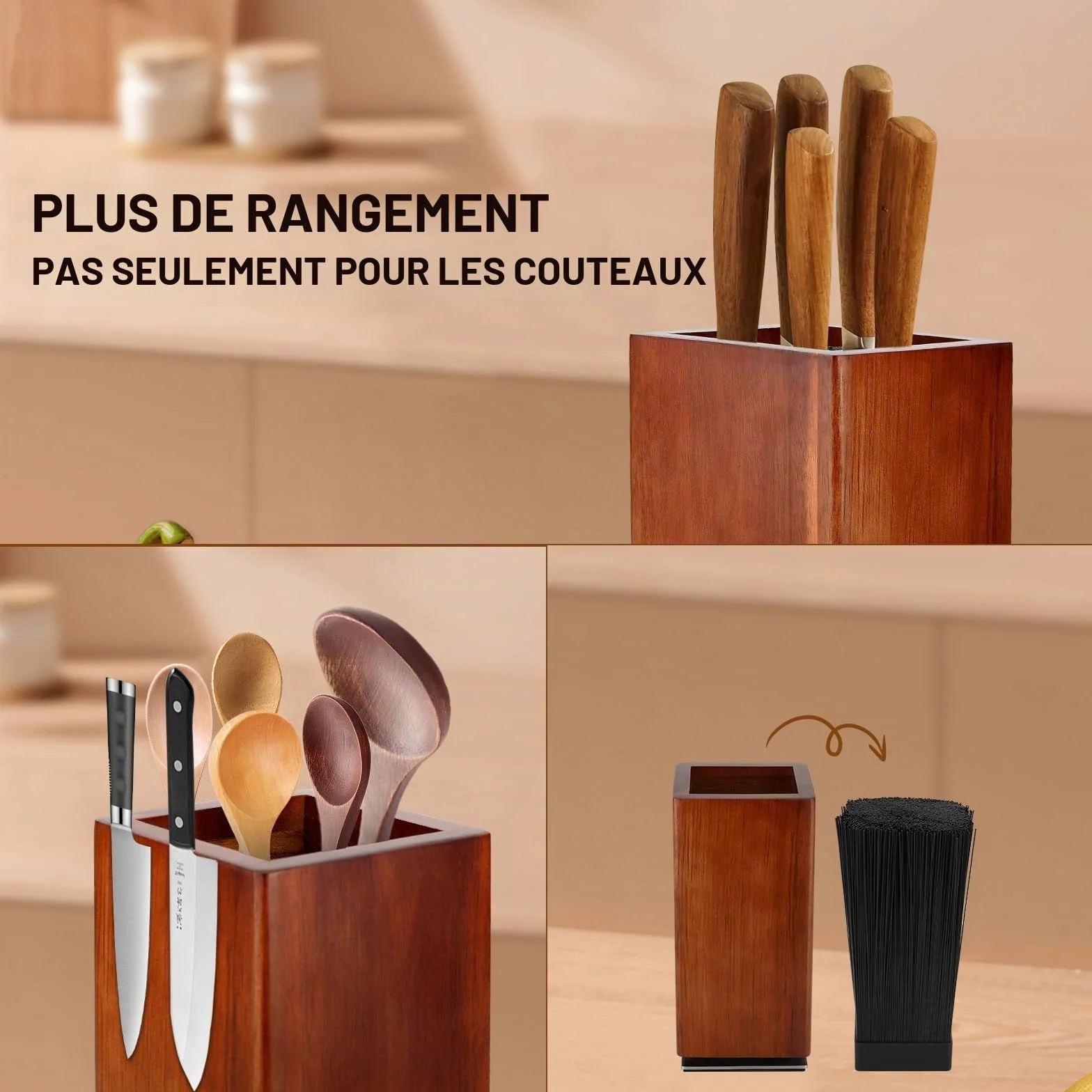 Bloc à Couteaux Magnétique en Bois, Support Couteau Cuisine, Rangement Universel 25x12x12 cm