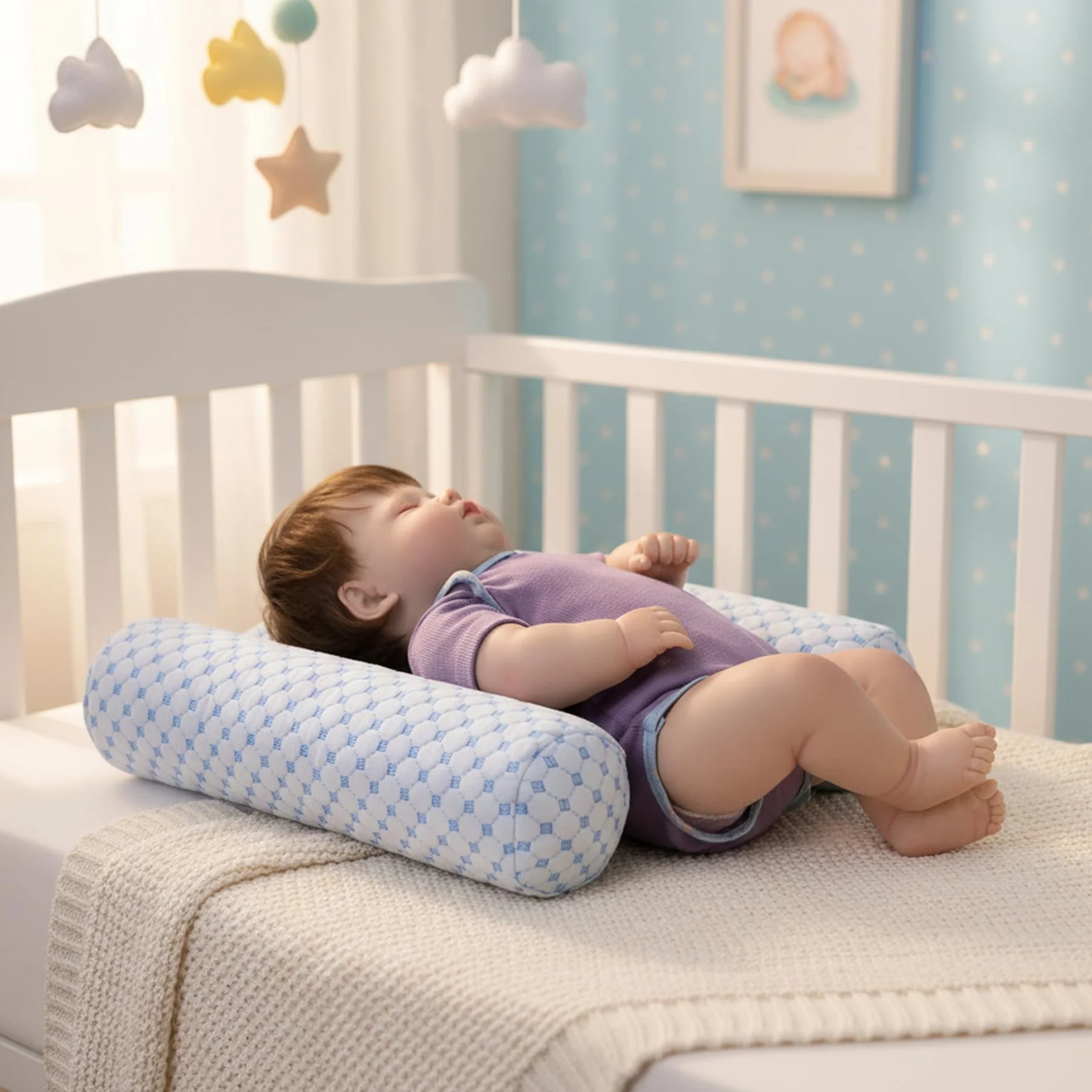 Oreiller Anti-roulis Bébé Réglable Respirant Côté Amovible Lavable Reflux Bleu