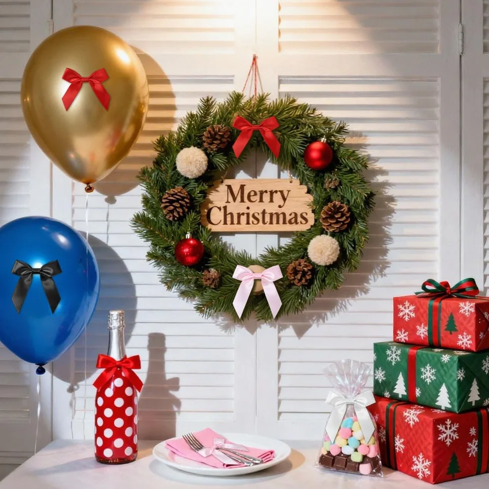 Lot de 50 nœuds en Satin 6 cm décoratifs Faits à la Main avec pastilles adhésives pour Noël, Emballage Cadeau